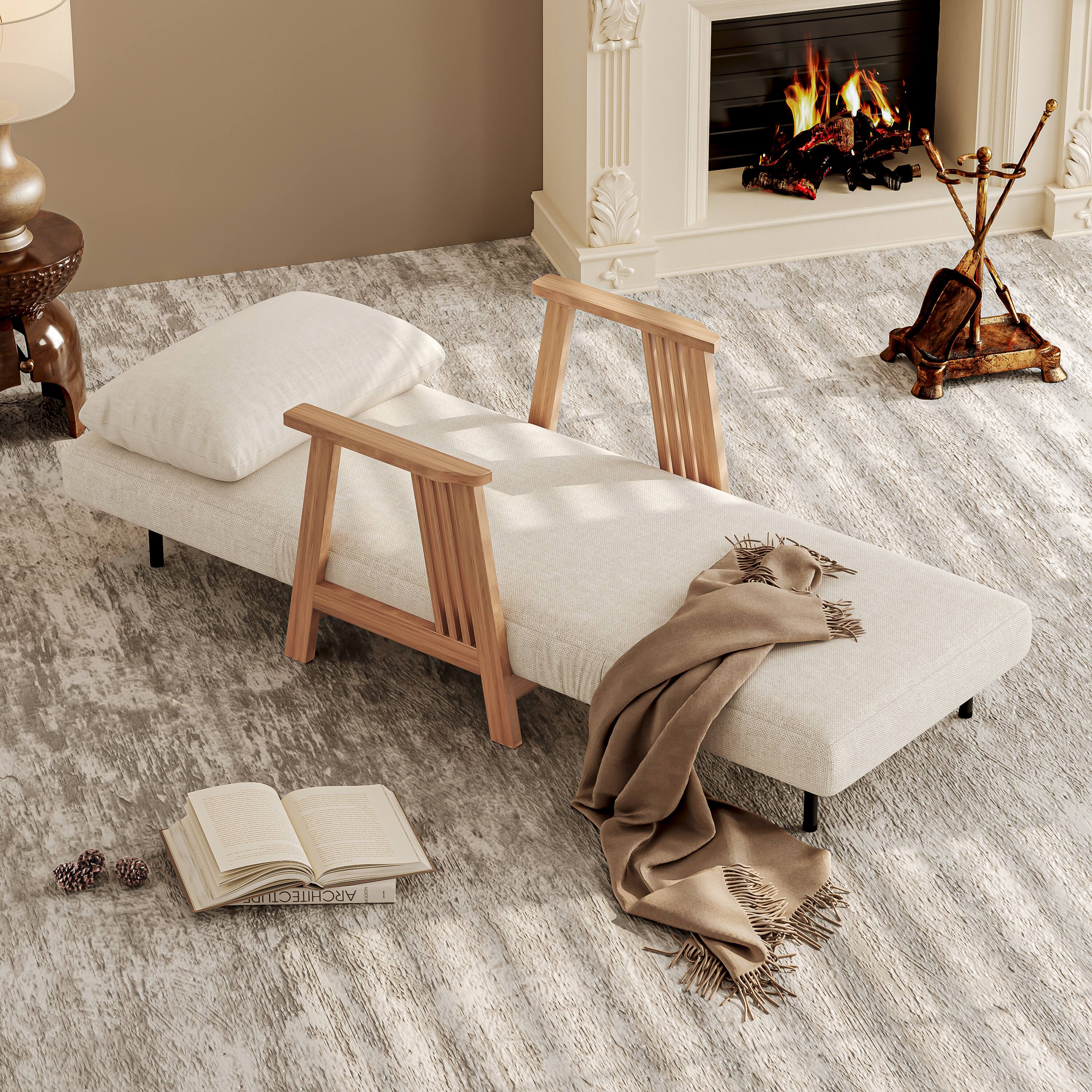 Alt View 2. MSOOB - 31.6" Folding Chair Bed, Modern Convertible Wooden Upholstered Armchair Sleeper Chaise Bed for Bedroom Living Room - off white.