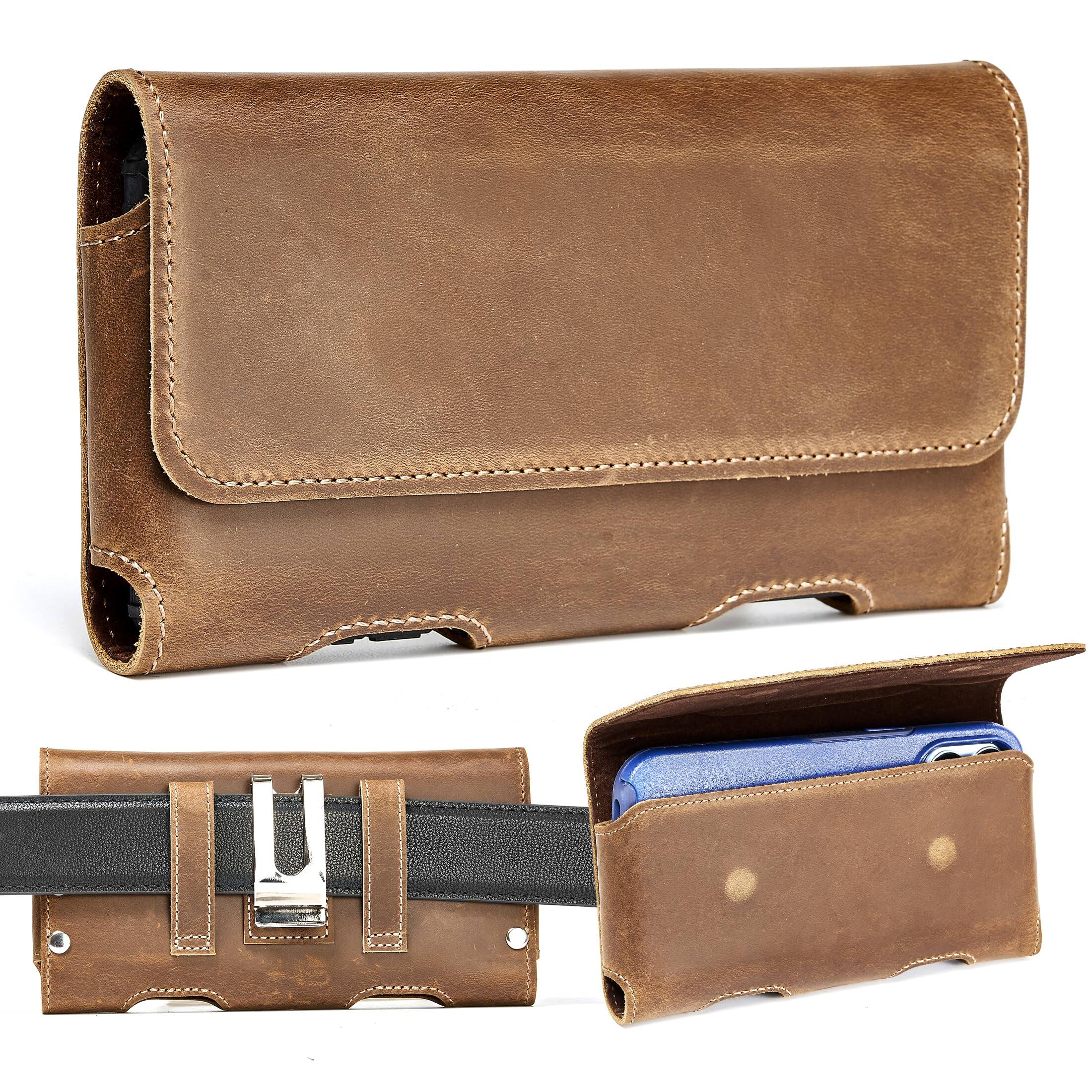 Front. VEGA AUTOMOTIVE - Universal Cowhide Leather Phone Holster With Belt Clip Compatible Galaxy S25 Ultra S24 S23 S22 Ultr S21 S20... - Brown.