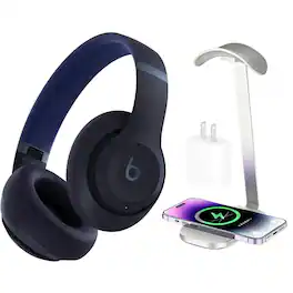 Beats - Studio Pro - Wireless Noise Cancelling Headphones - Navy + Power Adapter & Headphone Stand/Charging Pad