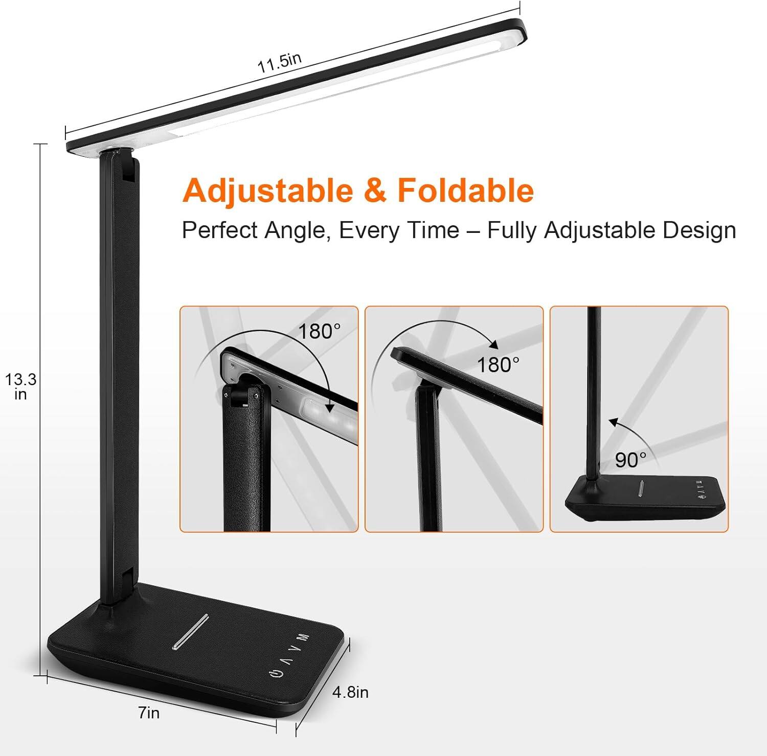 Adjustable & Foldable  
Perfect Angle, Every Time – Fully Adjustable Design  

11.5in  
13.3in  
7in  
4.8in  

180°  
180°  
90°