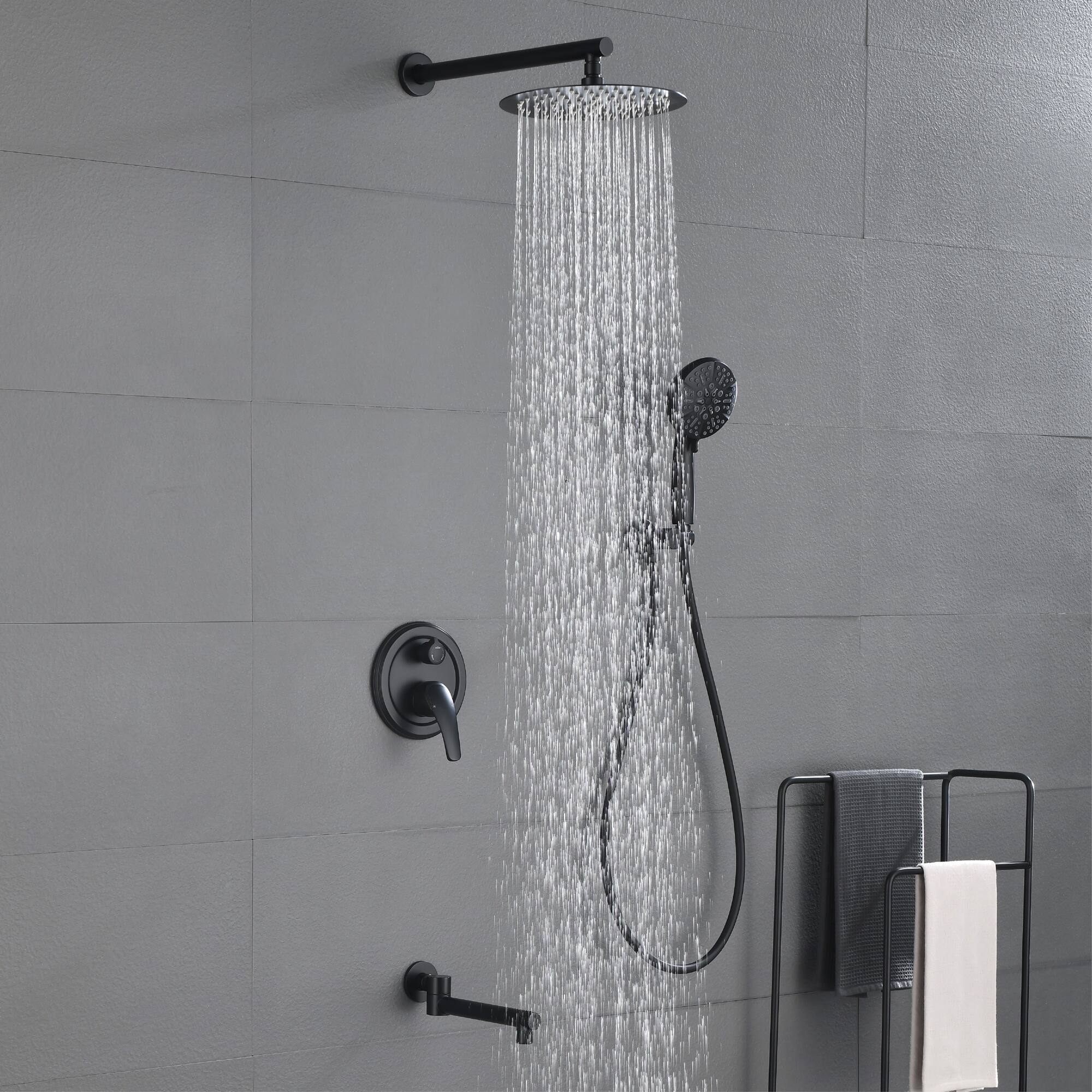 Alt View 1. Boyel Living - Matte Black 10-Inch Rain Shower System Brass SUS304 3-Function Valve 7-Function Handheld 180° Spout cUPC - Black.