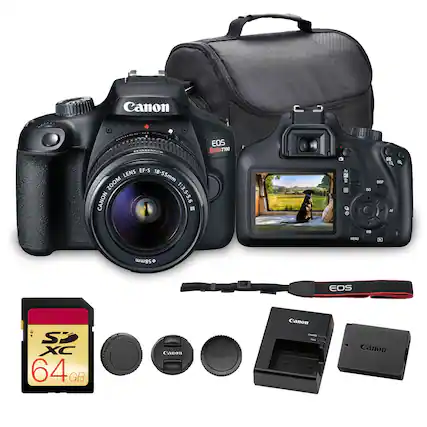 Canon EF-S Lens 18-55mm Zoom Canon 1:3.5-5.6 EOS Rebel T100
Canon SD XC 64 GB
Canon Lens Cap
Canon Battery Charger
Canon Battery
Canon Strap
Canon Lens Hood