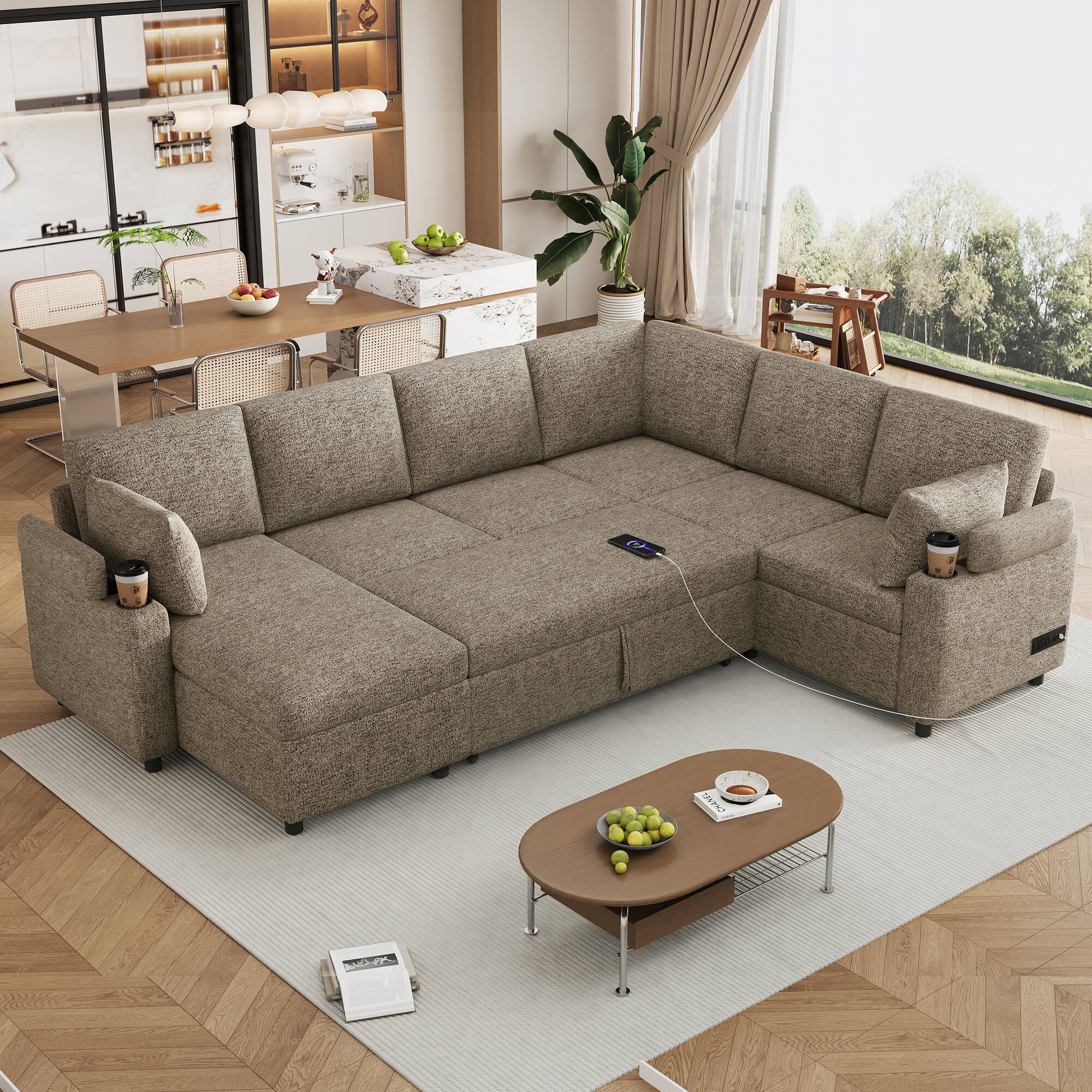 Whisen - 110" U-Shaped Sectional Sofa Bed with Storage Chaise,USB Ports & Cup Holders for Living Room - Brown