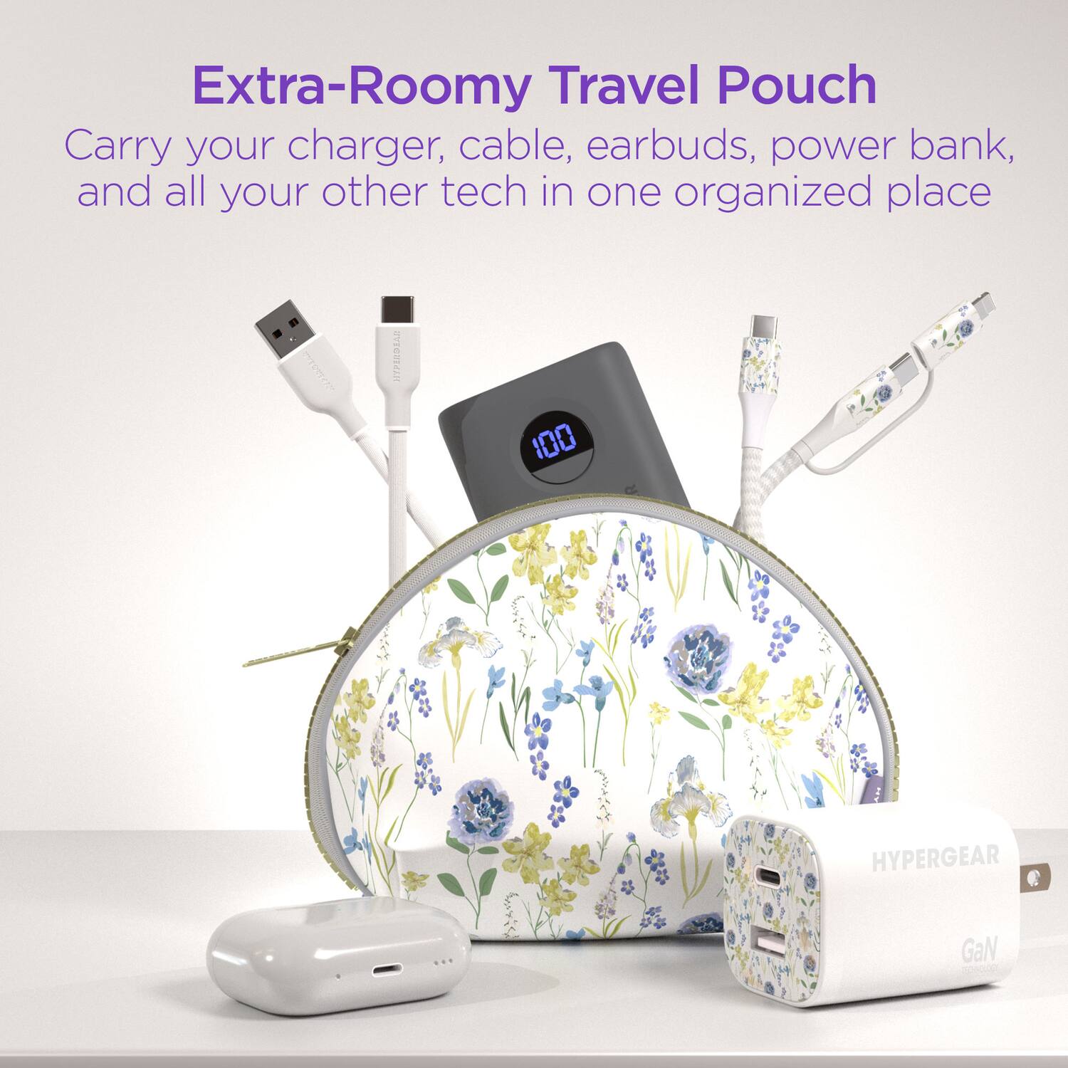 Extra-Roomy Travel Pouch  
Carry your charger, cable, earbuds, power bank, and all your other tech in one organized place  

HERDIA 100 HYPERGEAR GaN