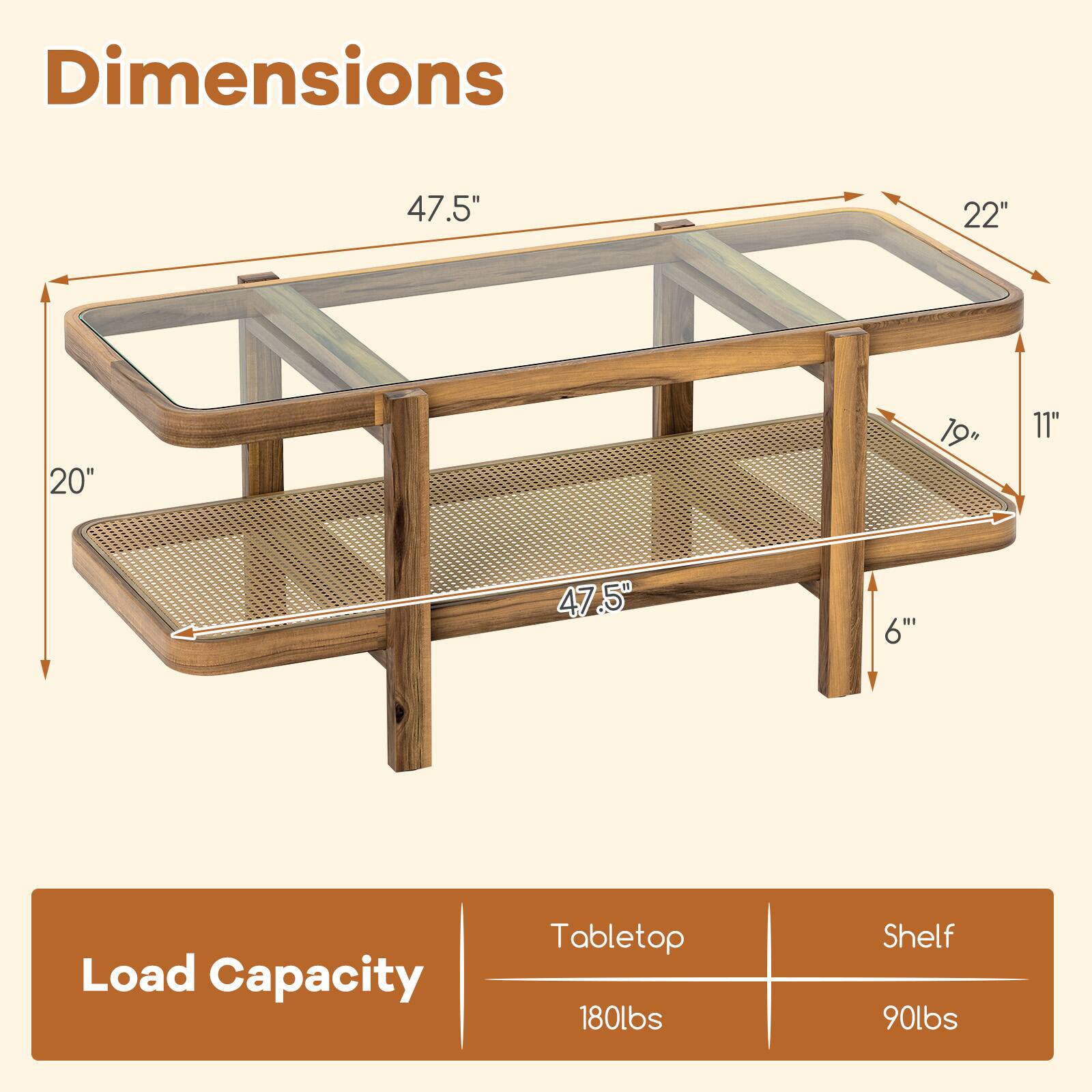 Dimensions: 47.5", 22", 20", 19", 11", 47.5", 6"

Load Capacity: Tabletop 180lbs, Shelf 90lbs