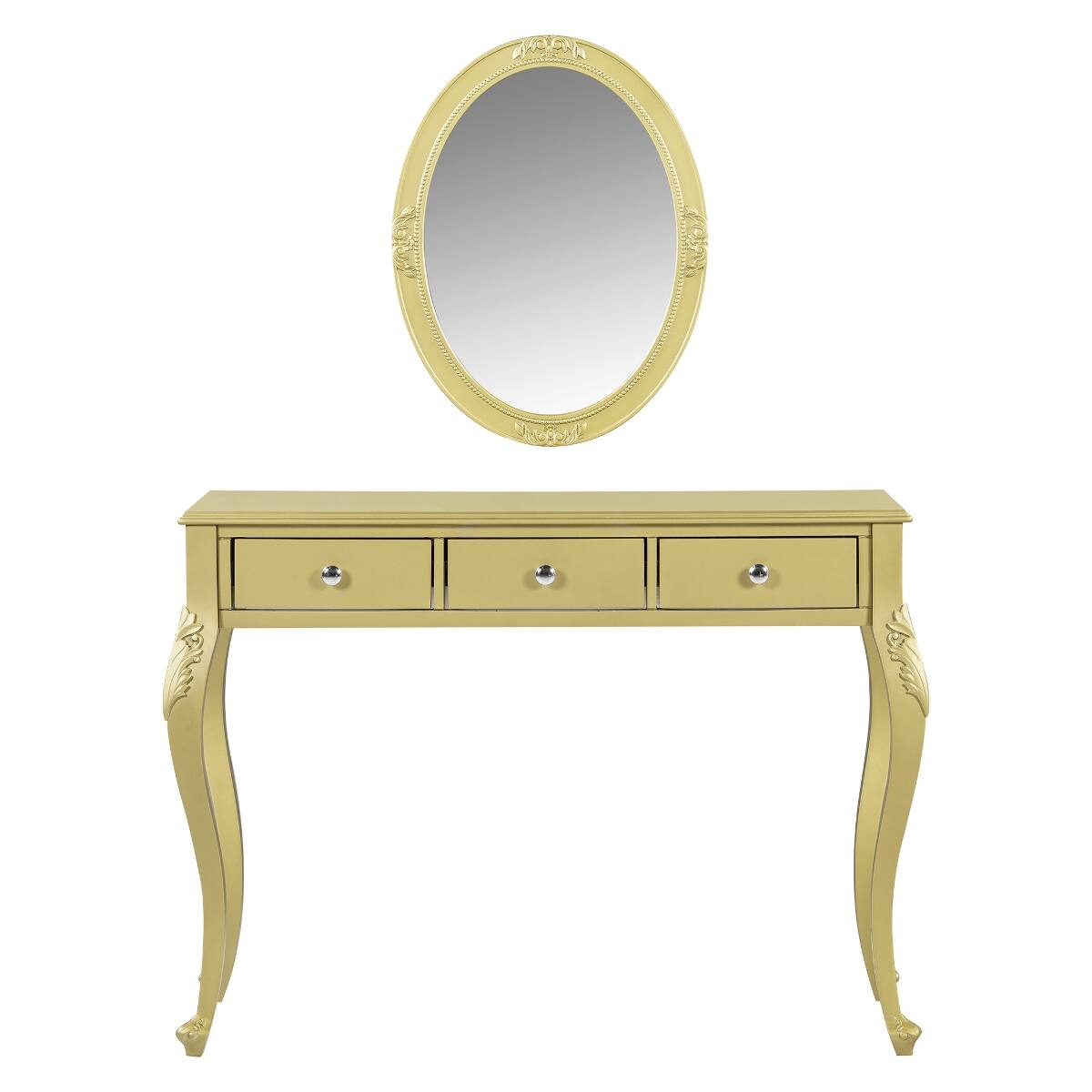 Left. Loheer - Loheer Gold Makeup Vanity Desk with Oval Mirror and Three Drawers - Gold.