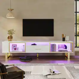 Bestier - LED Gaming TV Stand for TVs up to 80 Inch,Entertainment Center with Drawer & Storage for Living Room - White Glossy