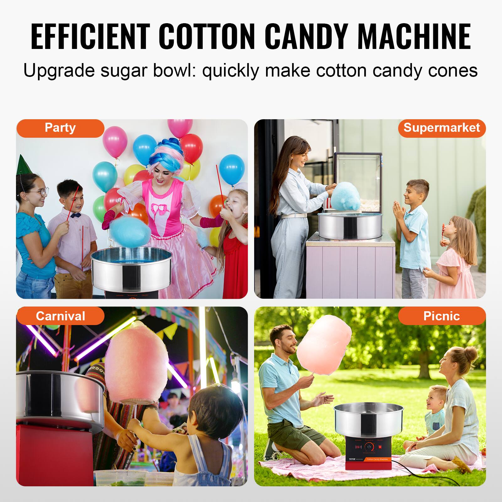 EFFICIENT COTTON CANDY MACHINE  
Upgrade sugar bowl: quickly make cotton candy cones  

Party  
Supermarket  
Carnival  
Picnic