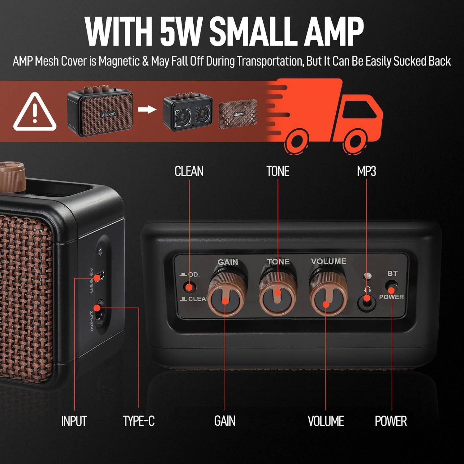 WITH 5W SMALL AMP  
AMP Mesh Cover is Magnetic & May Fall Off During Transportation, But It Can Be Easily Sucked Back  

- INPUT  
- TYPE-C  
- GAIN  
- VOLUME  
- POWER  

- CLEAN  
- TONE  
- MP3  

- USB INPUT  
- GAIN  
- CLEAN TONE  
- VOLUME  
- BT  
- POWER  
- TYPE-C