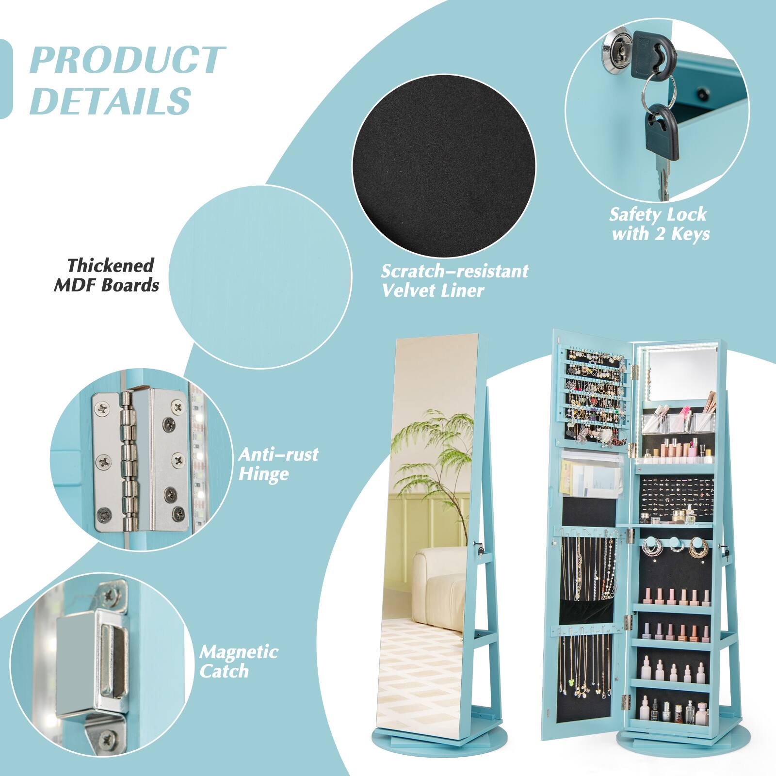 PRODUCT DETAILS

- Thickened MDF Boards
- Scratch-resistant Velvet Liner
- Safety Lock with 2 Keys
- Anti-rust Hinge
- Magnetic Catch