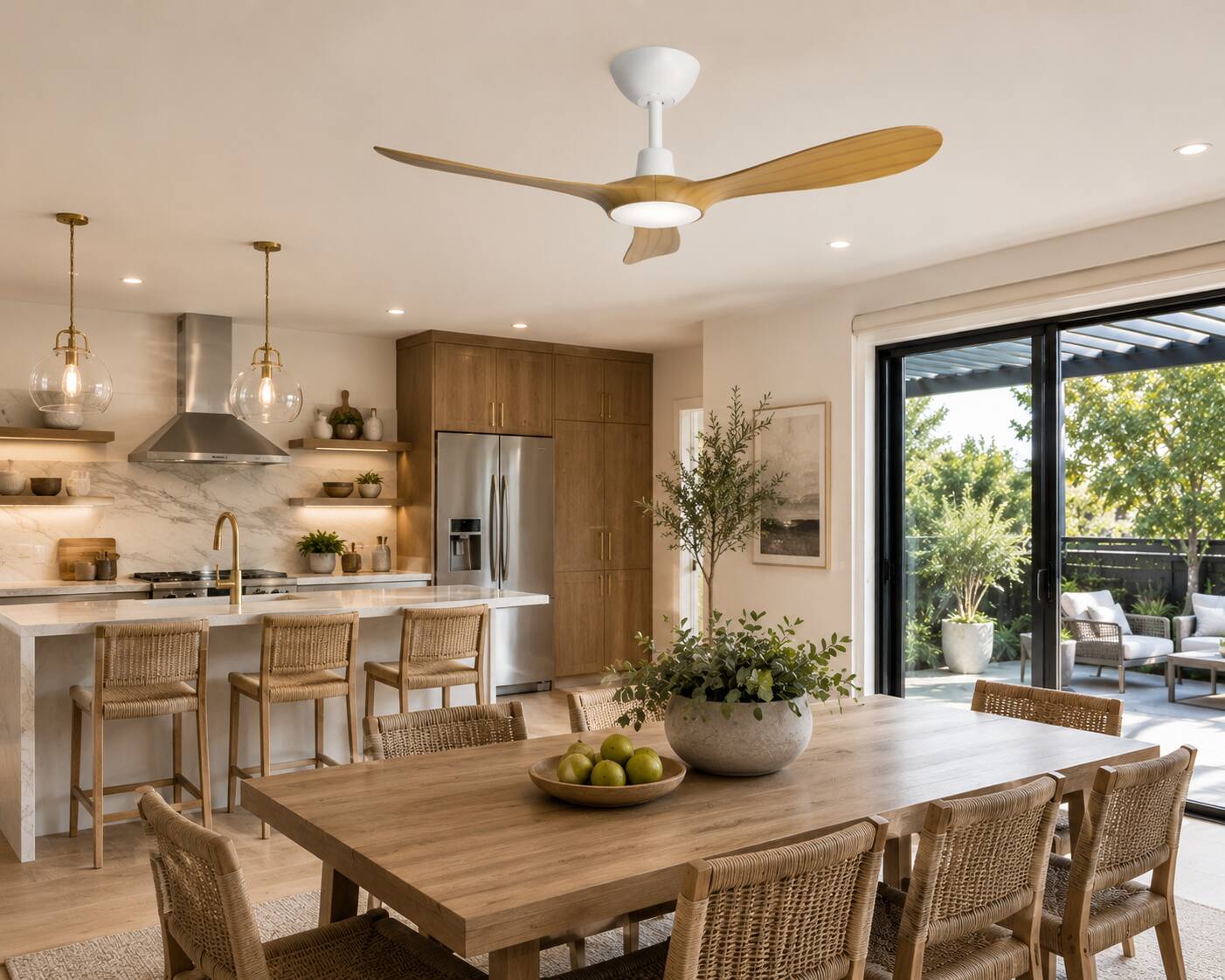 Back. ENLIGHT - 56" Smart Ceiling Fan, IP66 Outdoor/Coastal, Weather Resist, Efficient & Quiet DC Motor, Reverse Mode, Matter, 3 Blades - Bamboo Woodgrain.