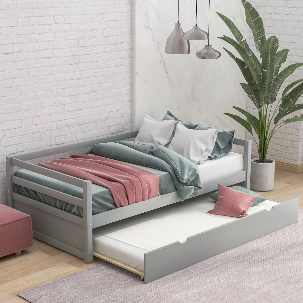 Loheer - Twin Daybed with Trundle Wood Daybed Frame No Box Spring Needed Space Saving Bed - Gray price history on PriceWatchPro