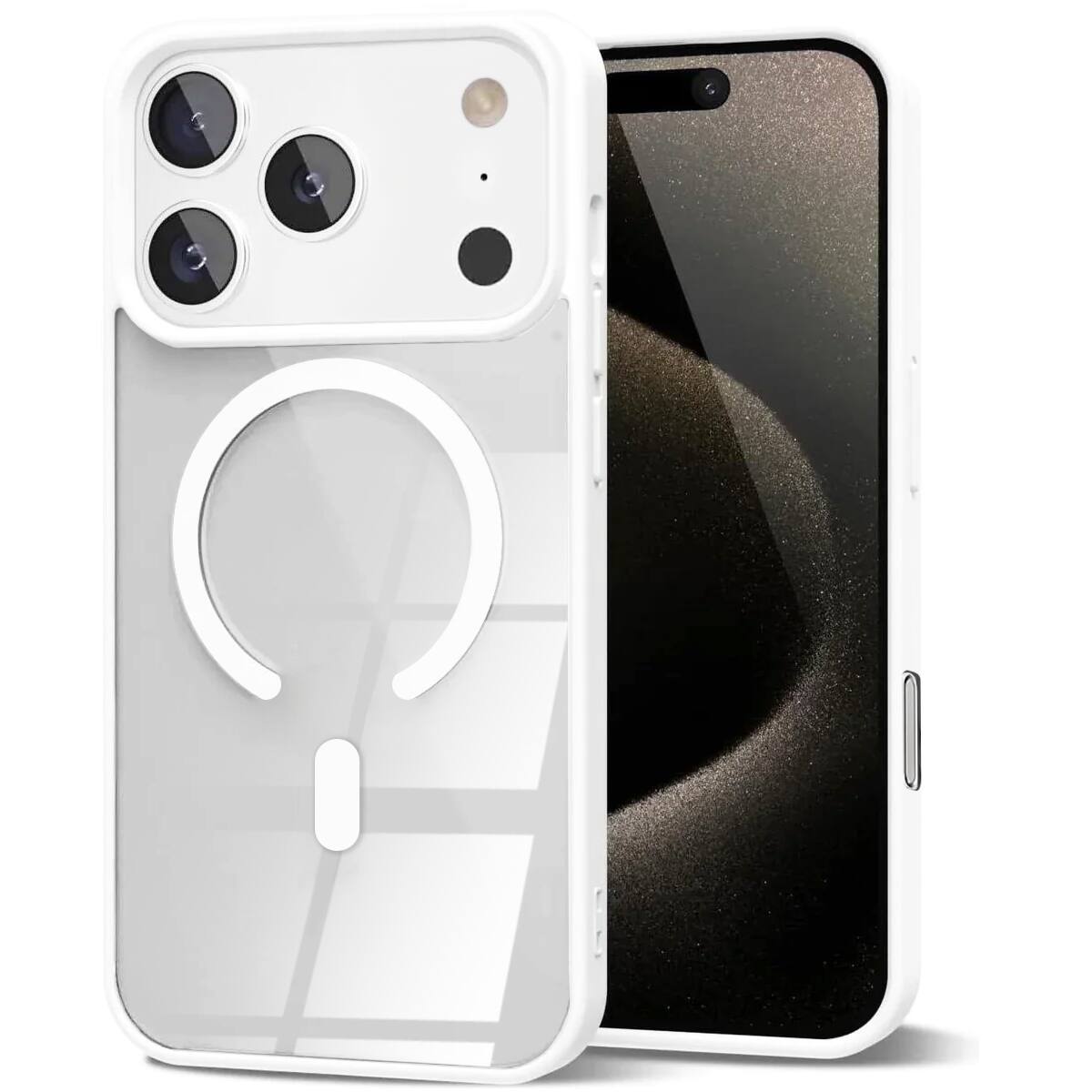 Entronix - Magnetic Phone Case for iPhone 17 Pro Max - Clear Back with Soft Matte Frame - White