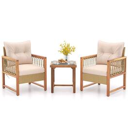 Gymax - 3 PCS Furniture Set Patio PE Wicker Conversation Bistro Set Light Brown & Beige - Light Brown, Beige