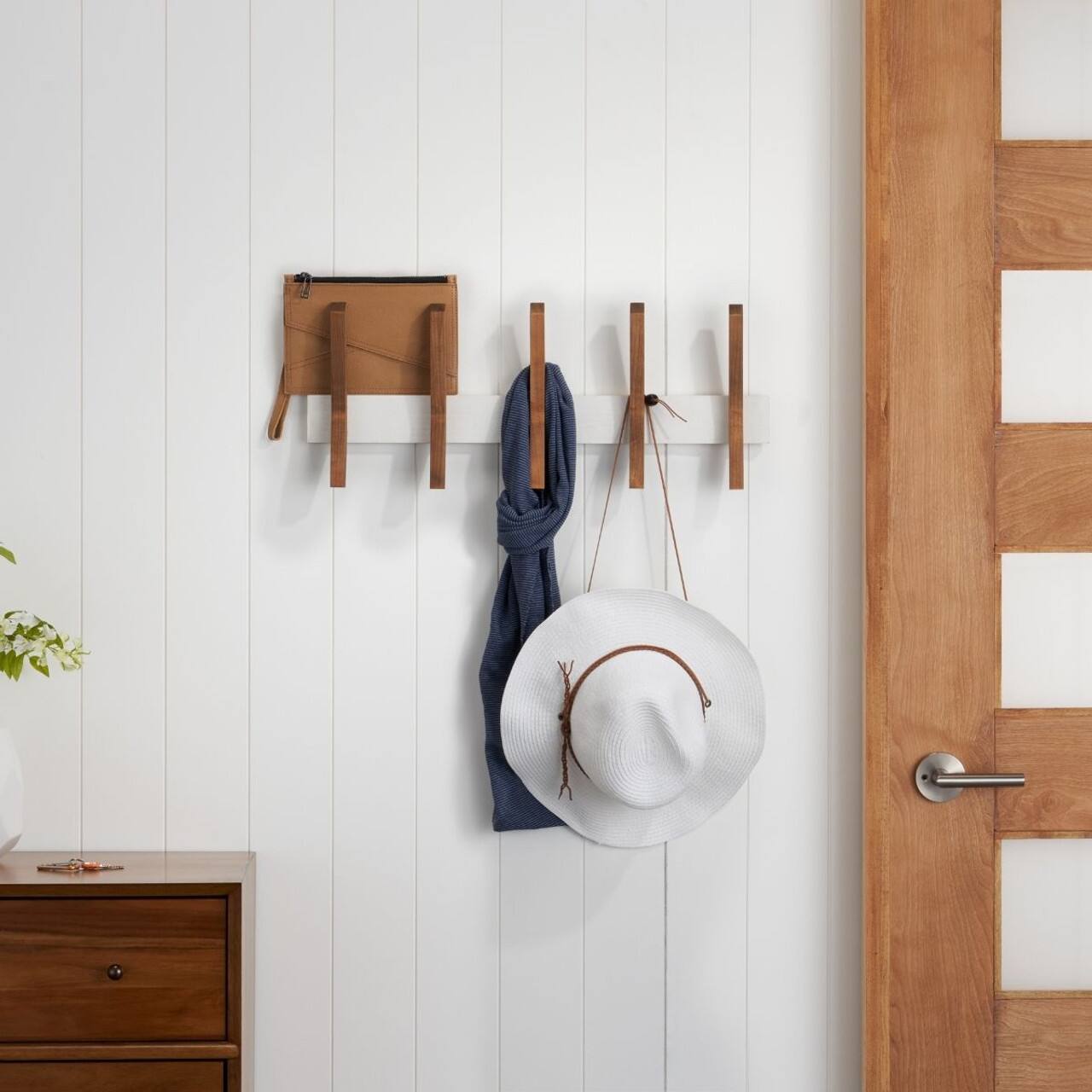 Angle. TRINITY - DRAKESTONE Mid-Century Coat Rack w/ 5 Wooden Hooks White - White.