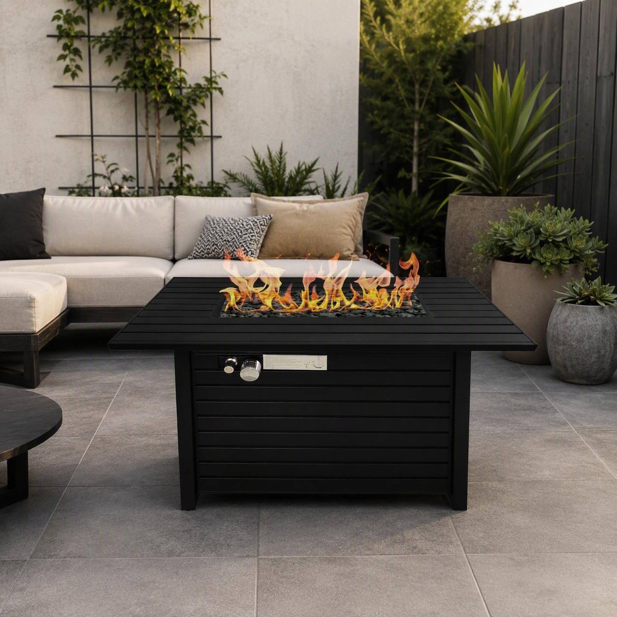 Left. RYHNUYNE - Outdoor Black Steel Fire Pit Table with Lid, 42"W x 25" H Rectangular Fire Table for Garden Deck Patio - Black.