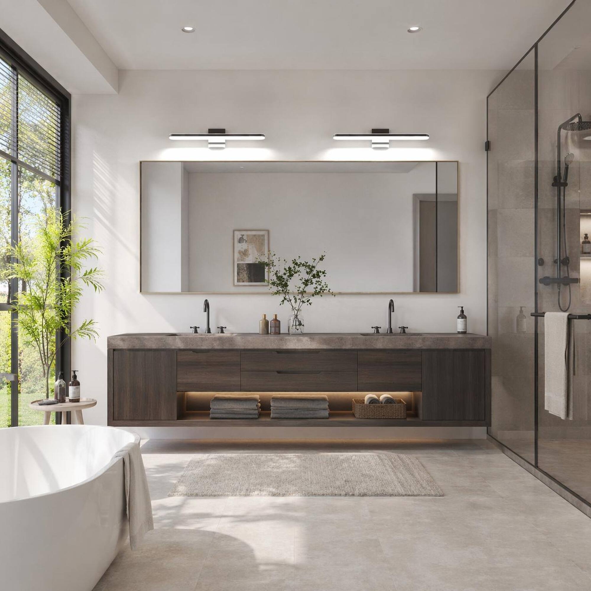 Left. RYHNUYNE - 24-Inch Chrome LED Vanity Light with Dimmable 6000K Brightness, Stainless Steel and Acrylic Construction for Bathroom.