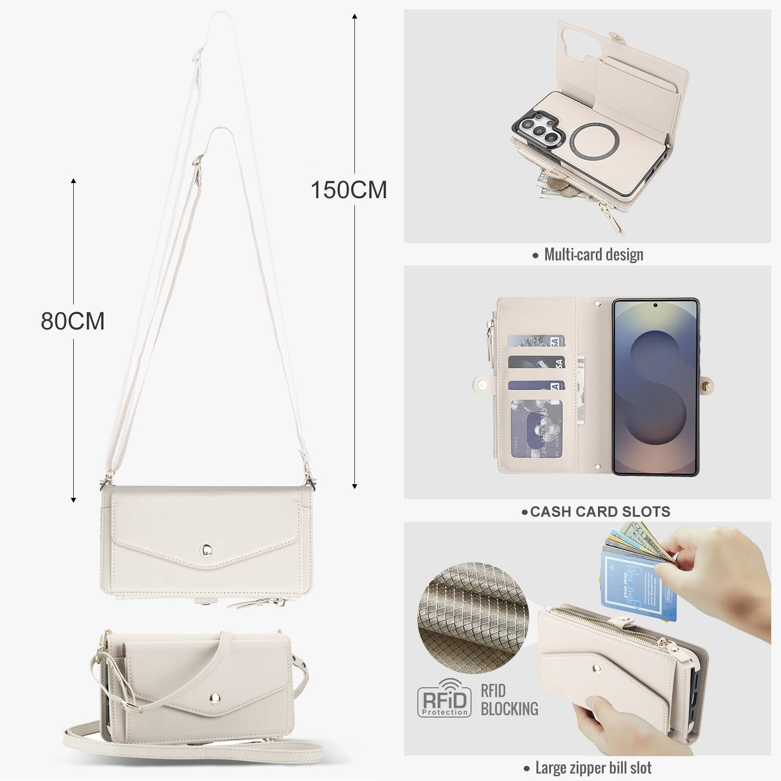 150CM  
80CM  
Multi-card design  
CASH CARD SLOTS  
RFID Protection BLOCKING  
Large zipper bill slot