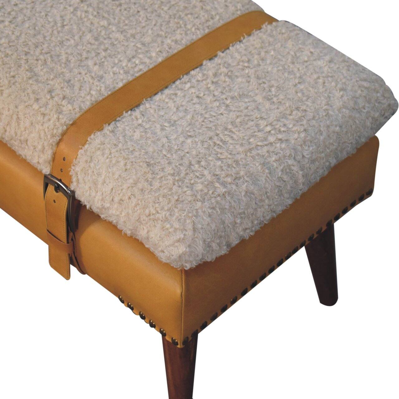 Alt View 2. Artisan Furniture - Artisan Furniture Solid Wood Boucle x Tan Leather Bench, Upholstered, Yellow & Cream - Yellow & Cream.