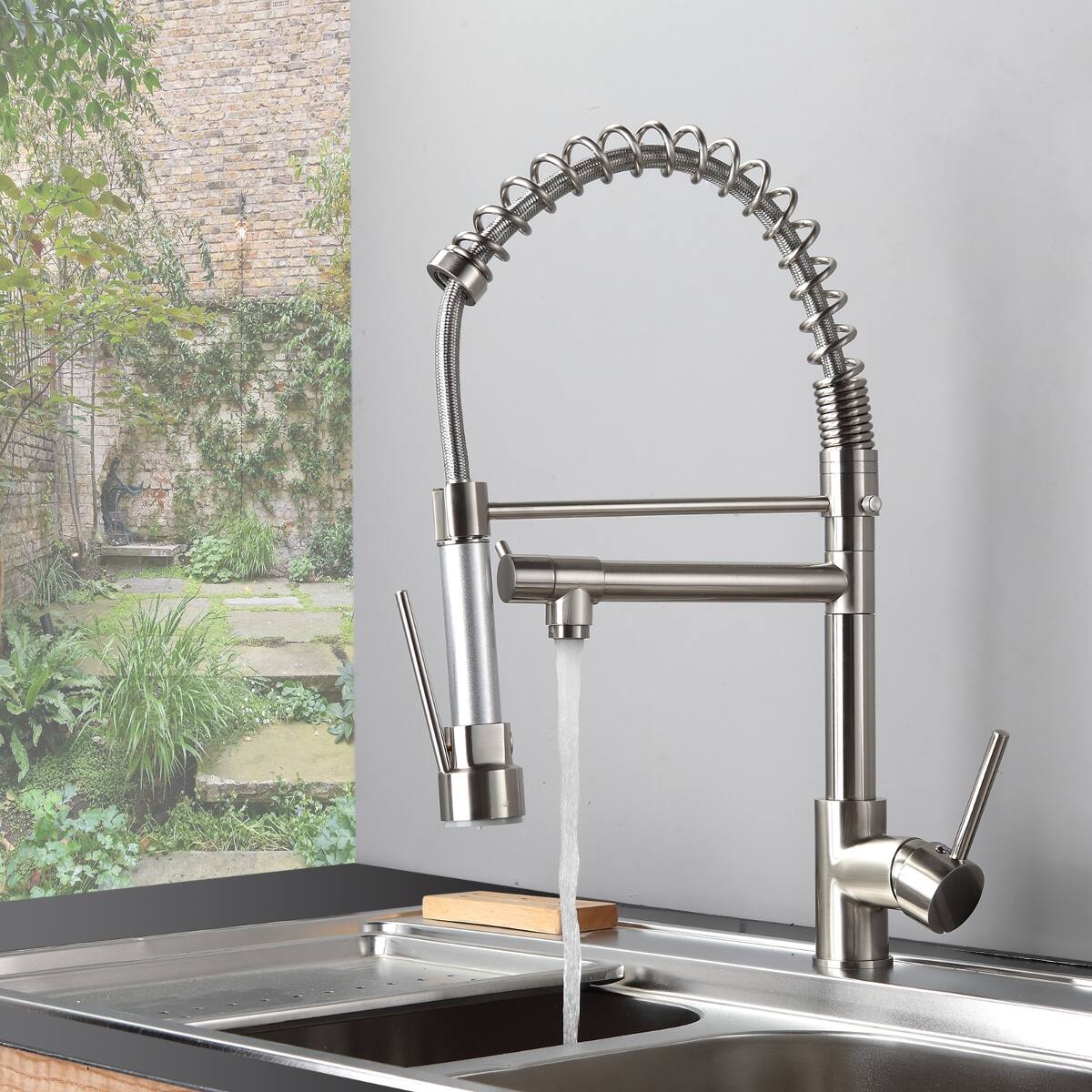 Front. Ropilly - Ropilly Pull Down Kitchen Faucet Brushed Nickel Single Handle Kitchen Faucet with Dual Spout - Brushed Nickel.