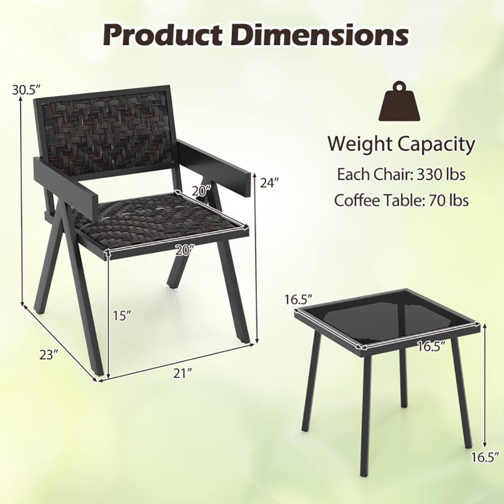Product Dimensions  
Each Chair: 30.5" H x 24" W x 20" D  
Coffee Table: 16.5" H x 16.5" W x 16.5" D  

Weight Capacity  
Each Chair: 330 lbs  
Coffee Table: 70 lbs
