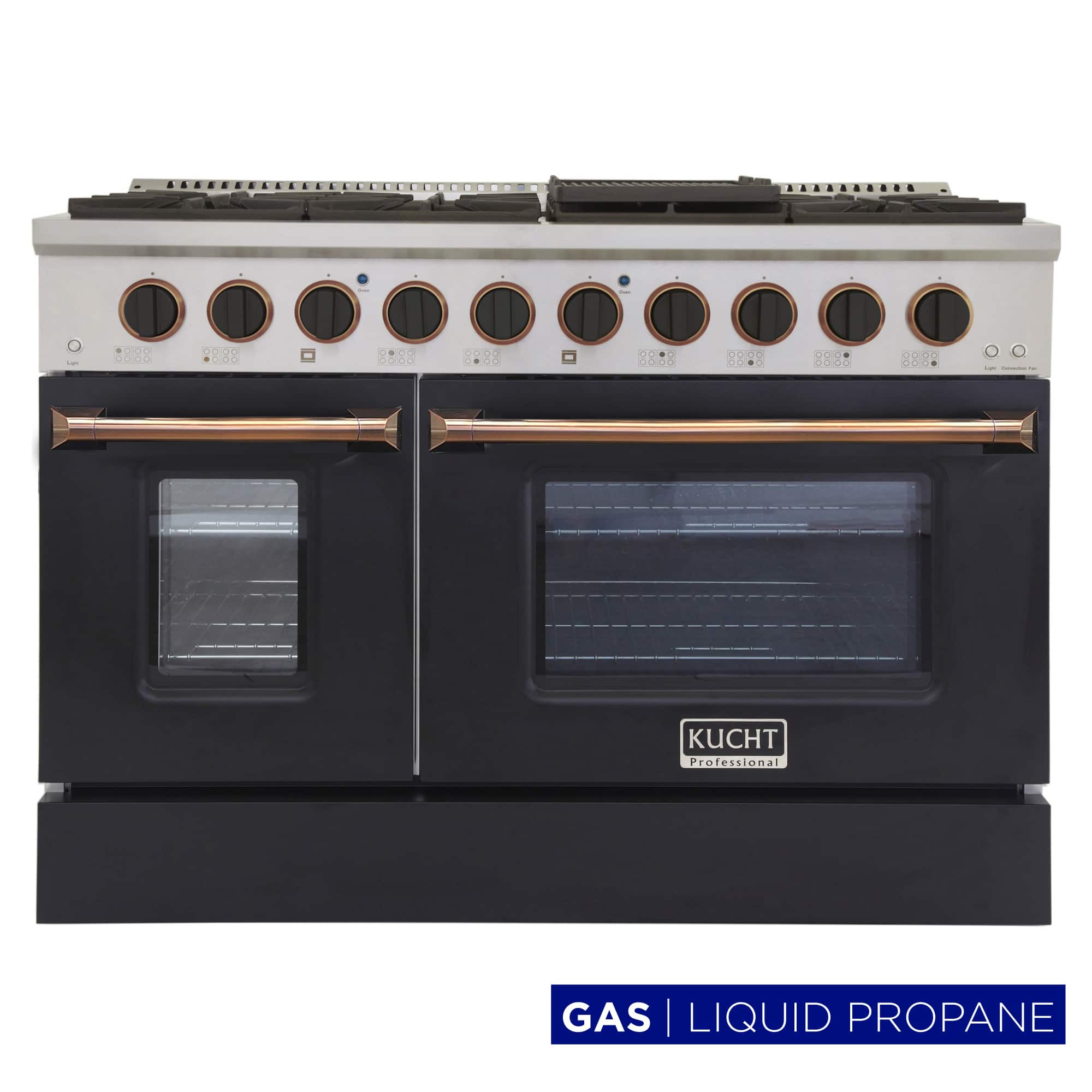 Kucht - 48 in. 6.7 cu. ft. Propane Gas Range with Sealed Burners and Two Ovens - One Convection - in Black with Gold Accents - Black/Gold