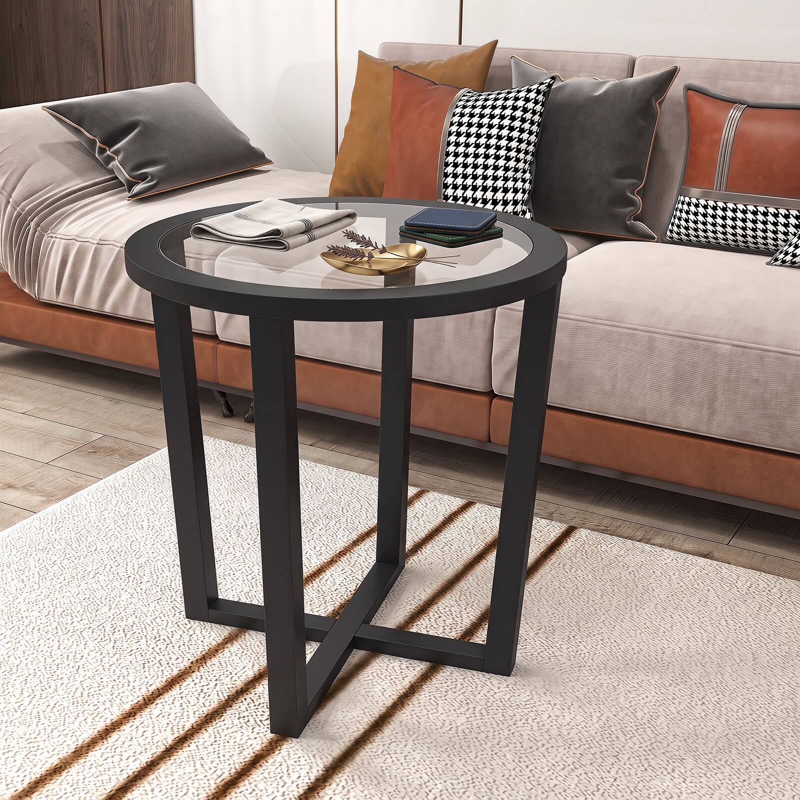 Alt View 1. Gymax - Gymax Modern Round End Table w/ Transparent Tempered Glass Top  Solid Acacia Wood Legs Black - Black.