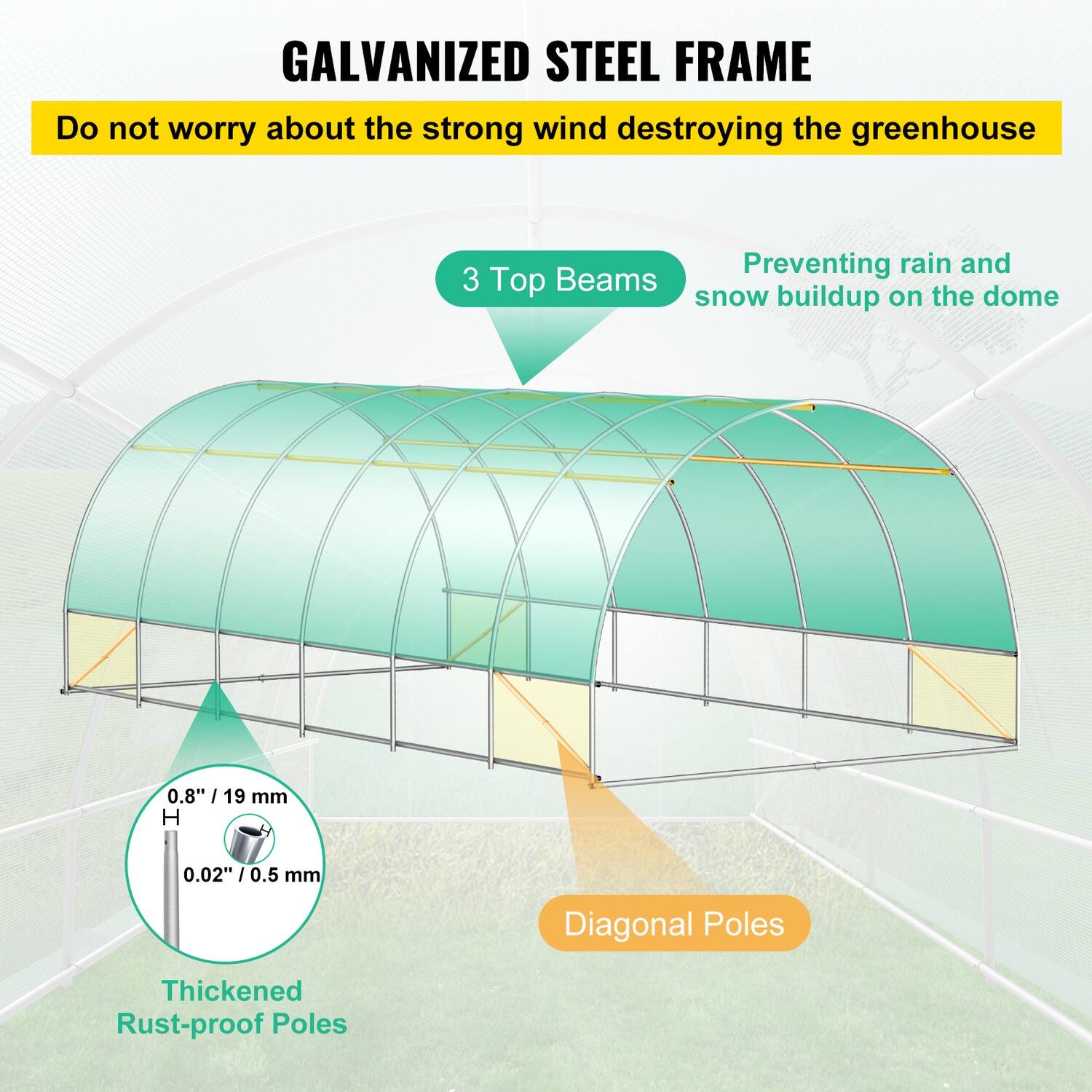 GALVANIZED STEEL FRAME

Do not worry about the strong wind destroying the greenhouse

3 Top Beams
Preventing rain and snow buildup on the dome

0.8" / 19 mm
0.02" / 0.5 mm

Thickened Rust-proof Poles

Diagonal Poles