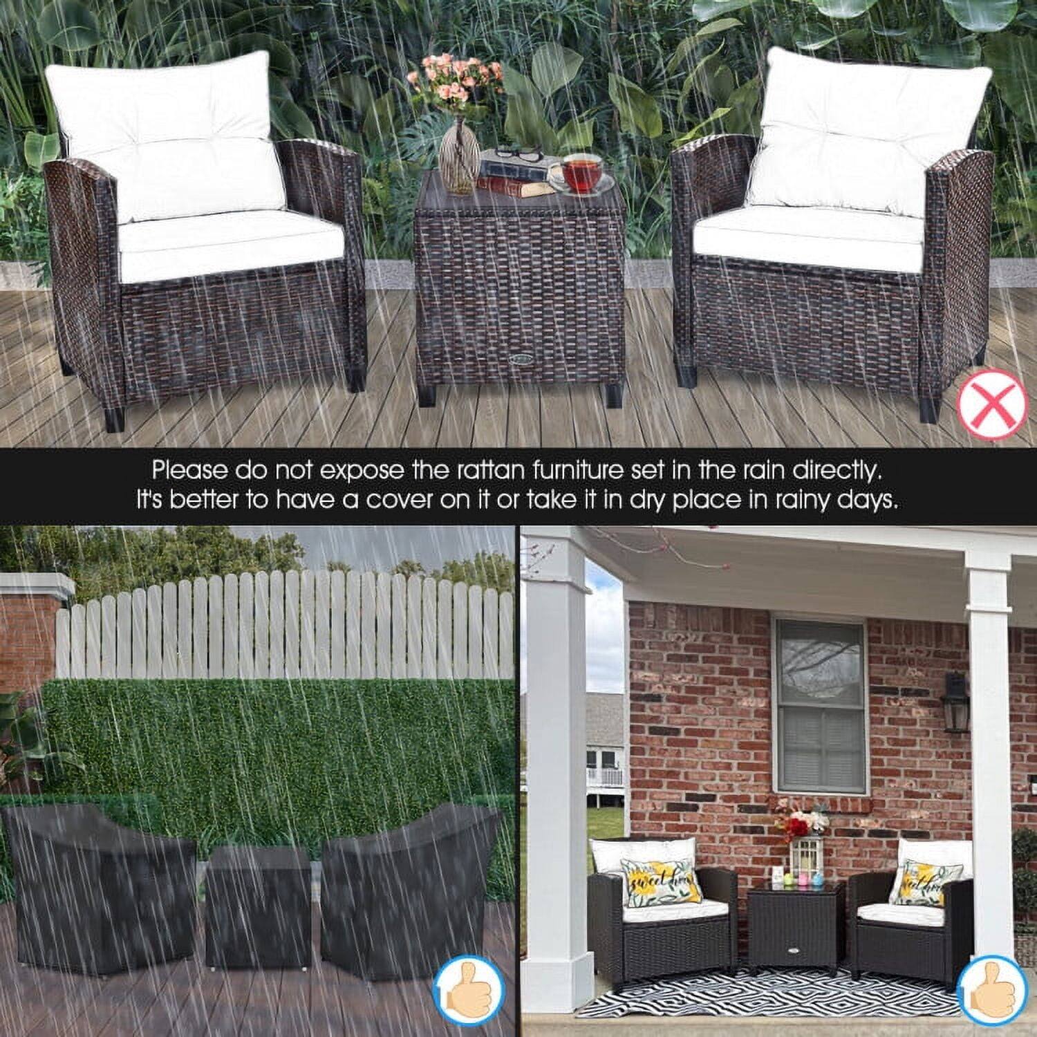 Please do not expose the rattan furniture set in the rain directly. It's better to have a cover on it or take it in a dry place in rainy days.