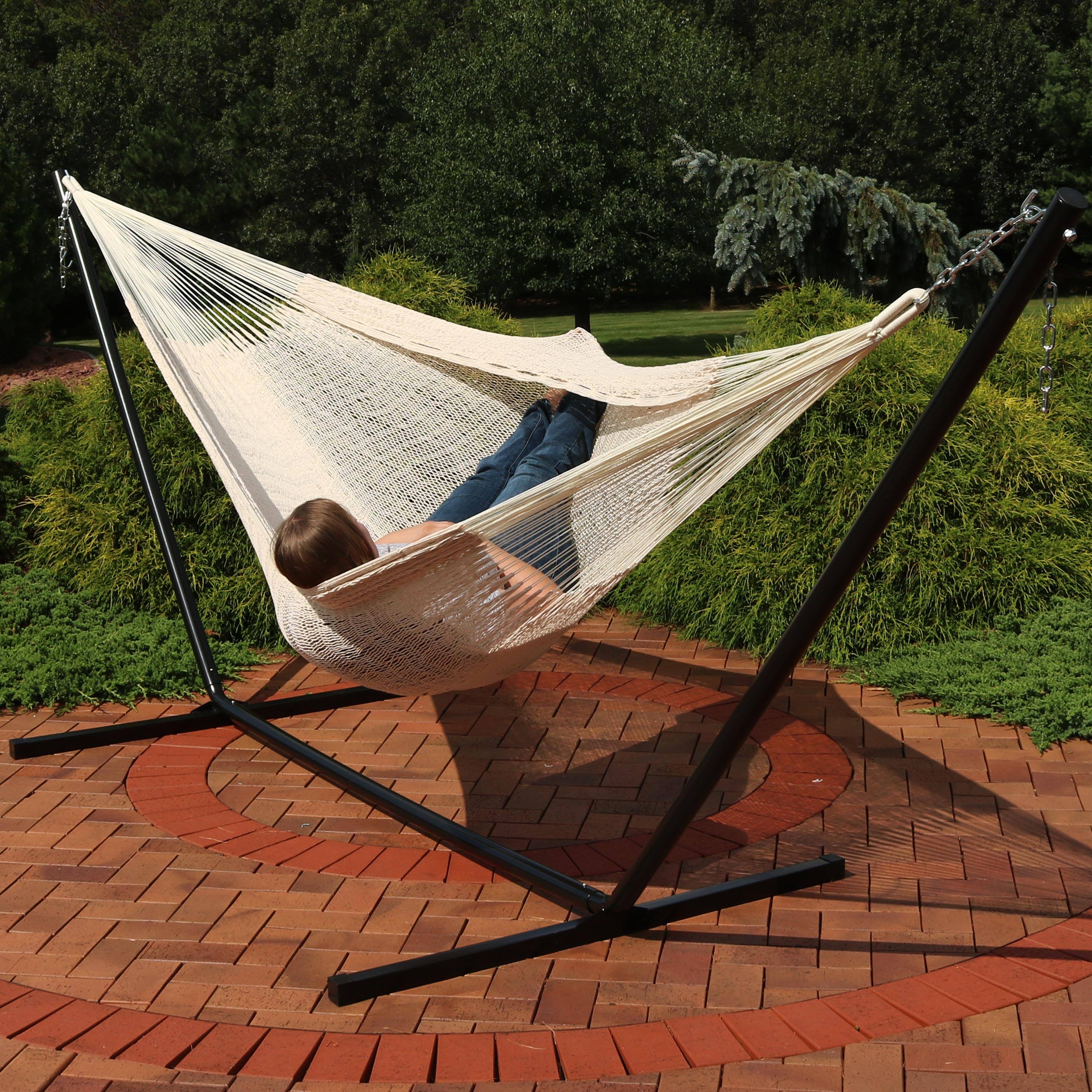Alt View 3. Sunnydaze - 2-Person Woven Cotton/Nylon Hammock with Steel Stand - Natural.