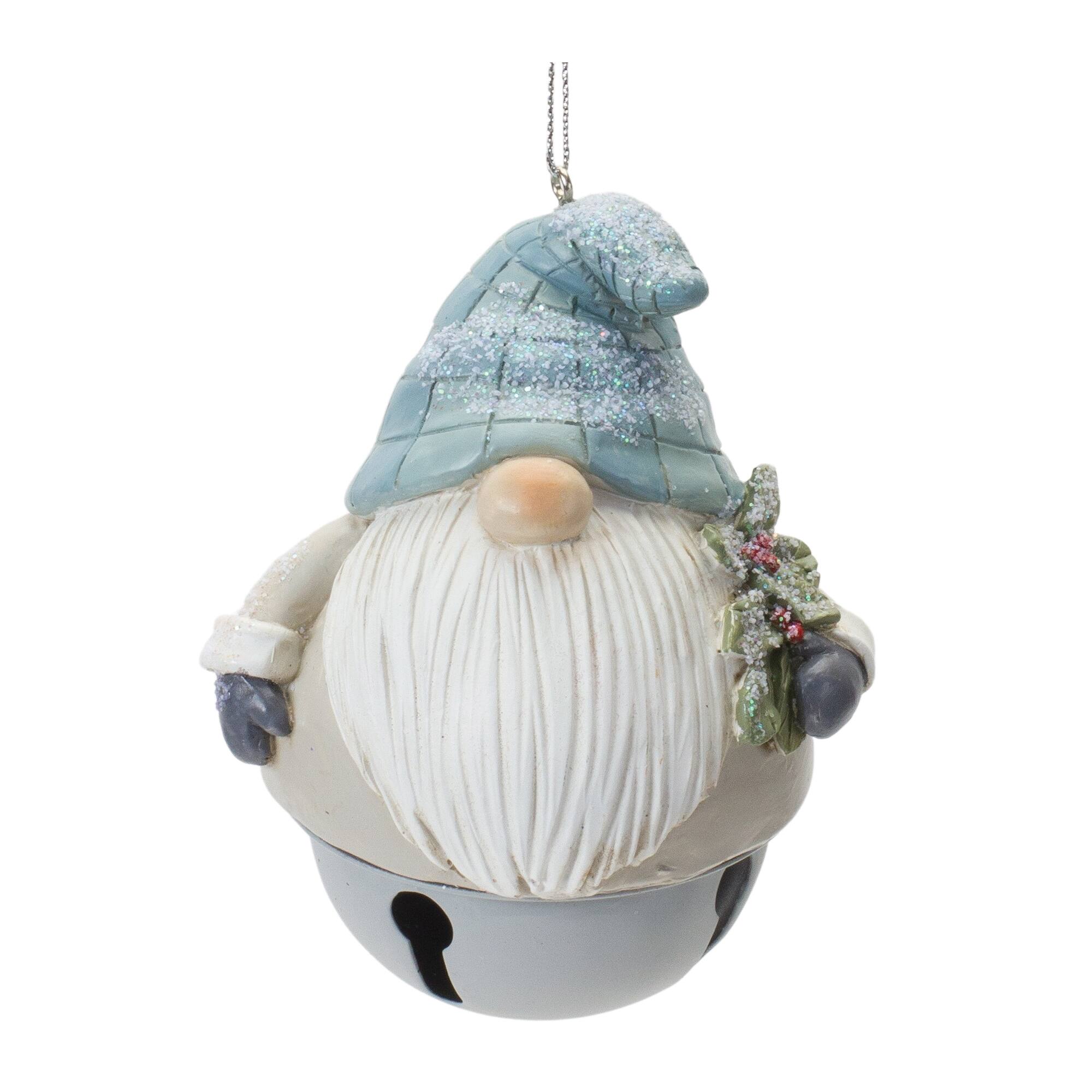 Left. BreeBe - Gnome Sleigh Bell Ornament (Set of 12) - Blue, Cream.