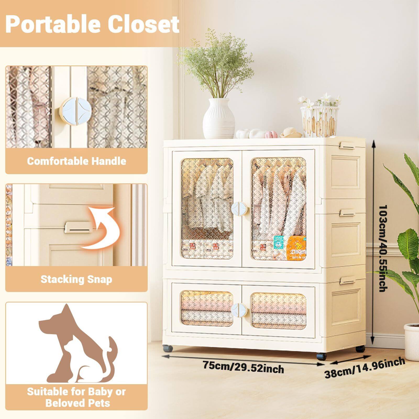 Portable Closet

- Comfortable Handle
- Stacking Snap
- Suitable for Baby or Beloved Pets

Dimensions:
- Height: 103cm / 40.55inch
- Width: 75cm / 29.52inch
- Depth: 38cm / 14.96inch