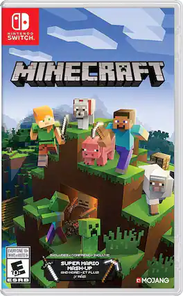 NINTENDO SWITCH. MINECRAFT EVERYONE 10+ ENFANTS et ADULTES 10+ D 10+ ESRB INCLUDES COMPREND INCLUYE SUPER MARIO MASH-UP AND MORE! ET PLUS! Y MÁS! C MOJANG - E10+ (Everyone 10+)