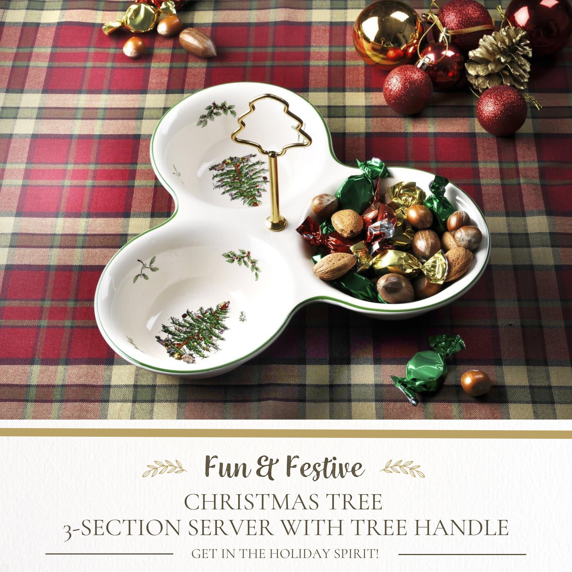 Fun & Festive CHRISTMAS TREE 3-SECTION SERVER WITH TREE HANDLE GET IN THE HOLIDAY SPIRIT!
