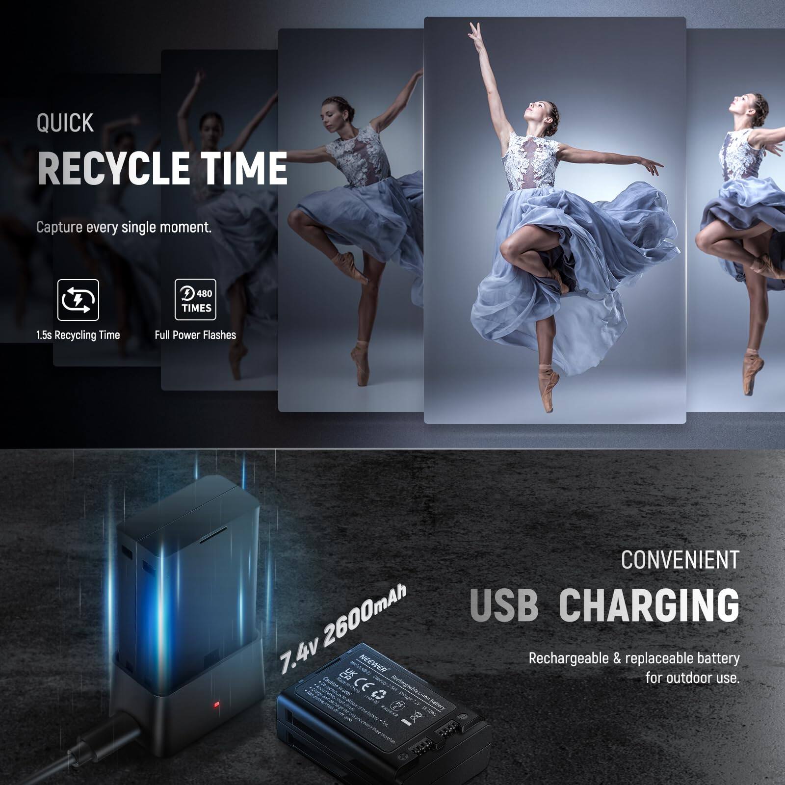 QUICK RECYCLE TIME  
Capture every single moment.  
1.5s Recycling Time  
Full Power Flashes  
480 TIMES  

CONVENIENT  
USB CHARGING  
7.4v 2600mAh  
Rechargeable & replaceable battery  
for outdoor use.