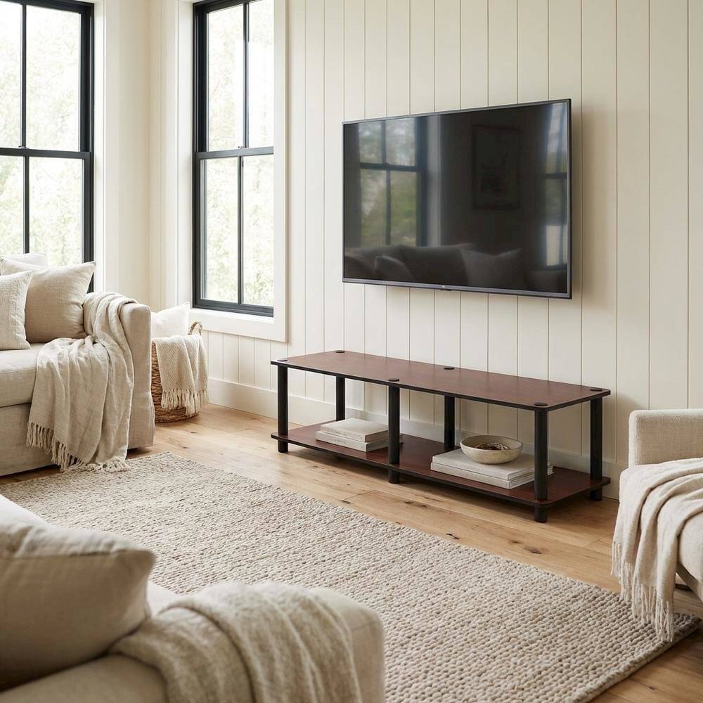 Alt View 2. FurniFact - Dark Cherry TV Stand with Black Tube Frame and Composite Wood Construction - Brown.