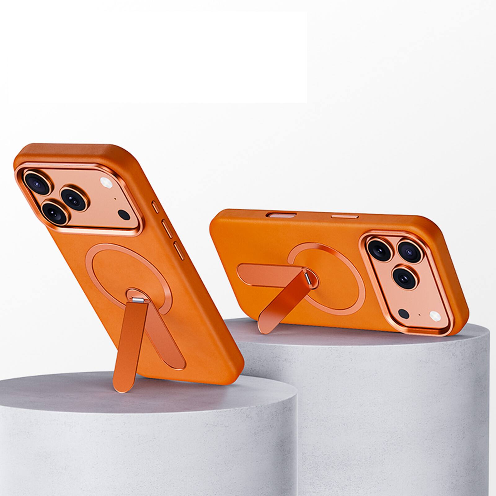 Angle. Dteck - For Apple iPhone 17 Pro Max Slim Perminum Leather Shockproof Foldable Kickstand Mag Safe Case Cover - Orange.