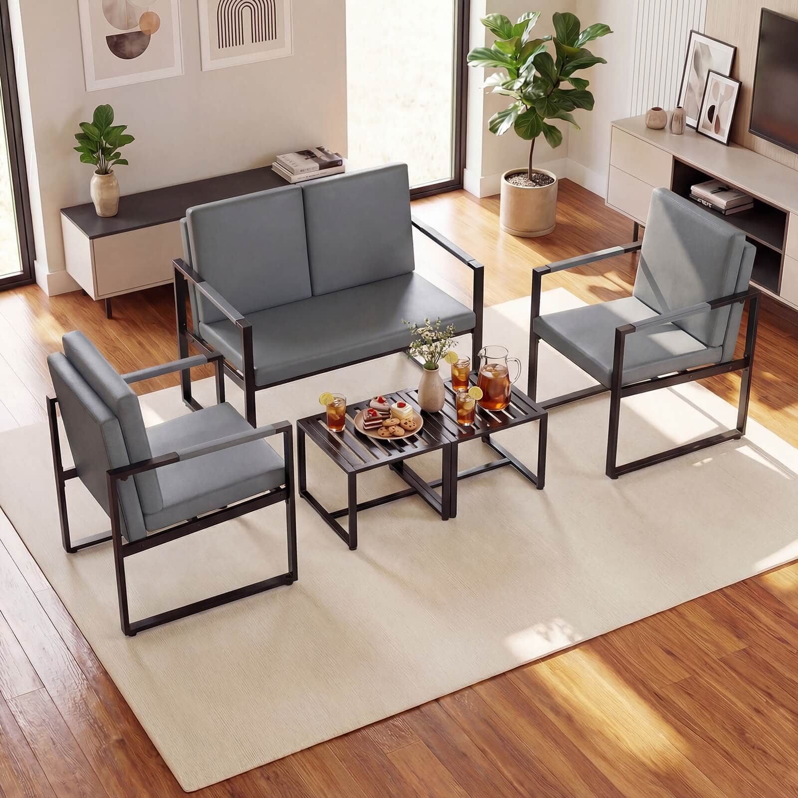 Costway - 5 PCS Living Room Set with Loveseat, 2 Accent Chairs, 2 Coffee Tables, Cushions - Gray + Black
