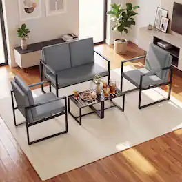 Costway - 5 PCS Living Room Set with Loveseat, 2 Accent Chairs, 2 Coffee Tables, Cushions - Gray + Black