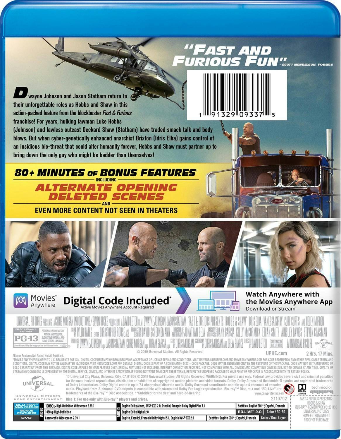 Back. Fast & Furious Presents: Hobbs & Shaw (DVD + Digital) [Blu-ray].