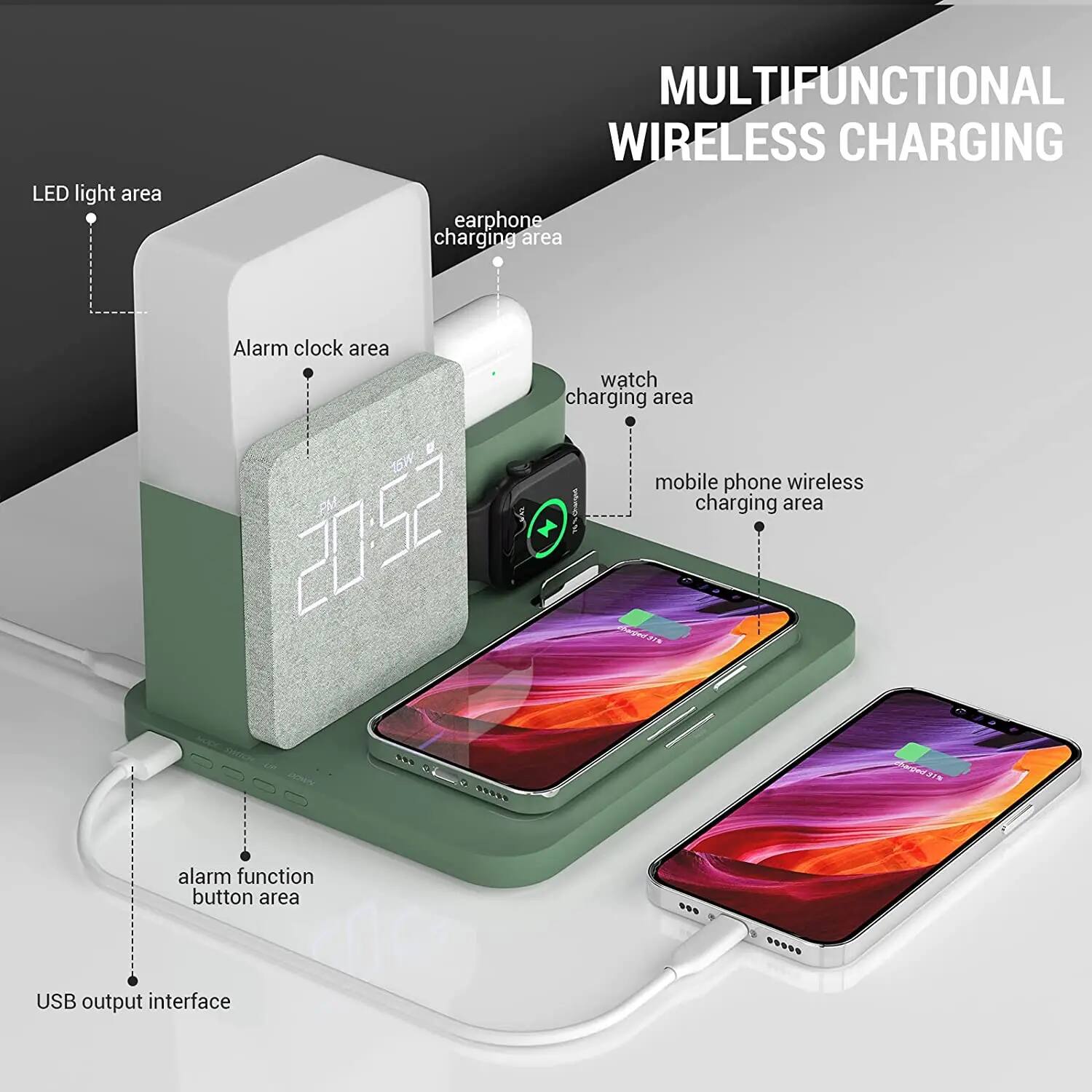 MULTIFUNCTIONAL WIRELESS CHARGING

- LED light area
- Alarm clock area
- Earphone charging area
- Watch charging area
- Mobile phone wireless charging area
- Alarm function button area
- USB output interface