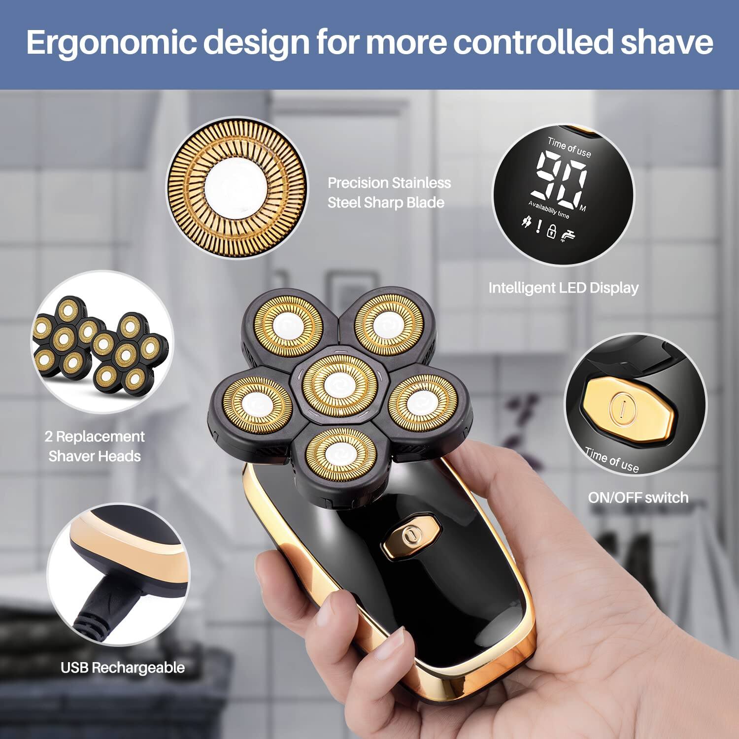 Ergonomic design for more controlled shave

- Precision Stainless Steel Sharp Blade
- Intelligent LED Display
- 2 Replacement Shaver Heads
- Time of use ON/OFF switch
- USB Rechargeable