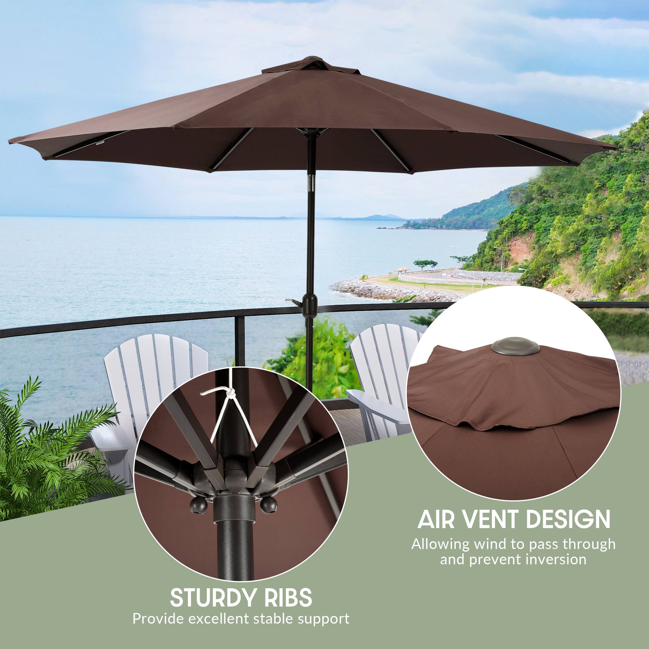 AIR VENT DESIGN  
Allowing wind to pass through and prevent inversion  

STURDY RIBS  
Provide excellent stable support
