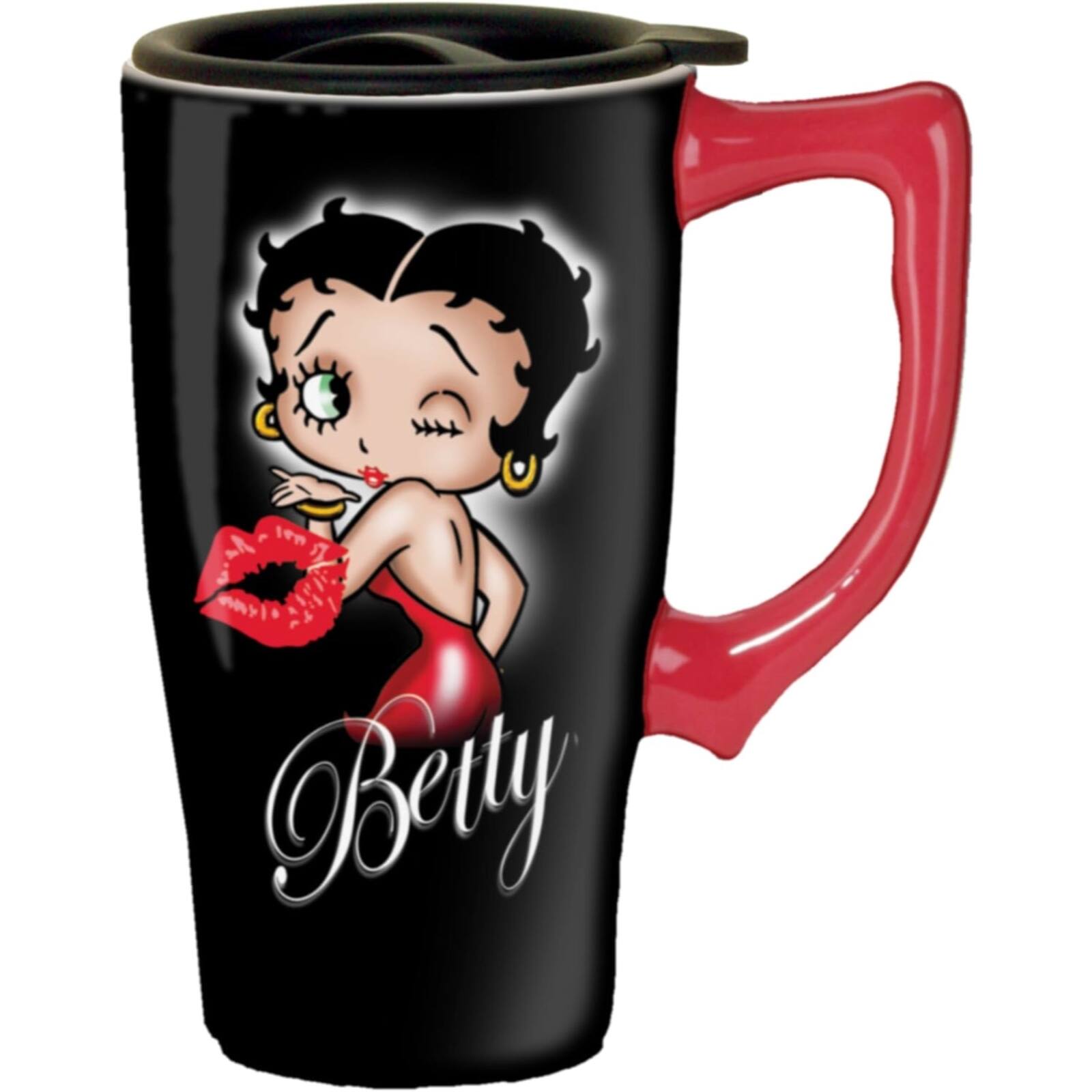 Front. Spoontiques - Betty Boop Hearts Black Ceramic Insulated Travel Mug Coffee Cup 18 ounce - Black.