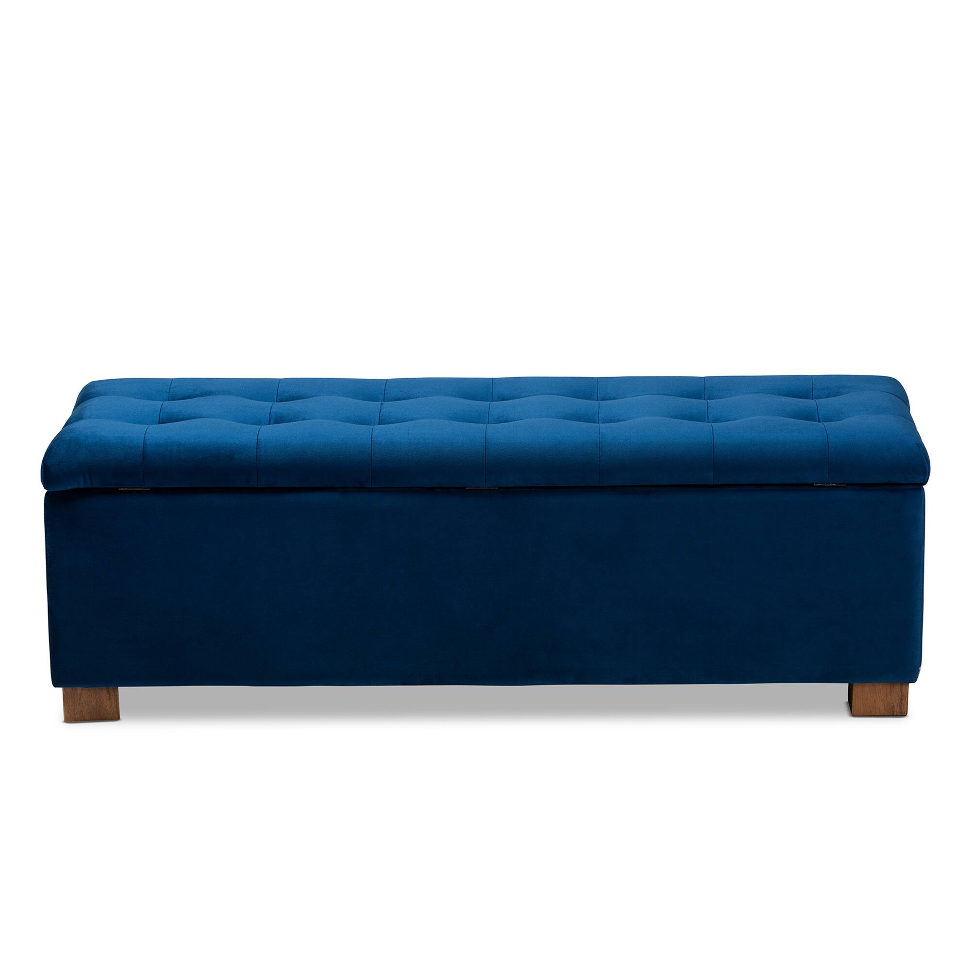 Alt View 1. Baxton Studio - Roanoke Modern and Contemporary Velvet Fabric Upholstered Grid-Tufted Storage Ottoman Bench - Navy Blue/Brown.