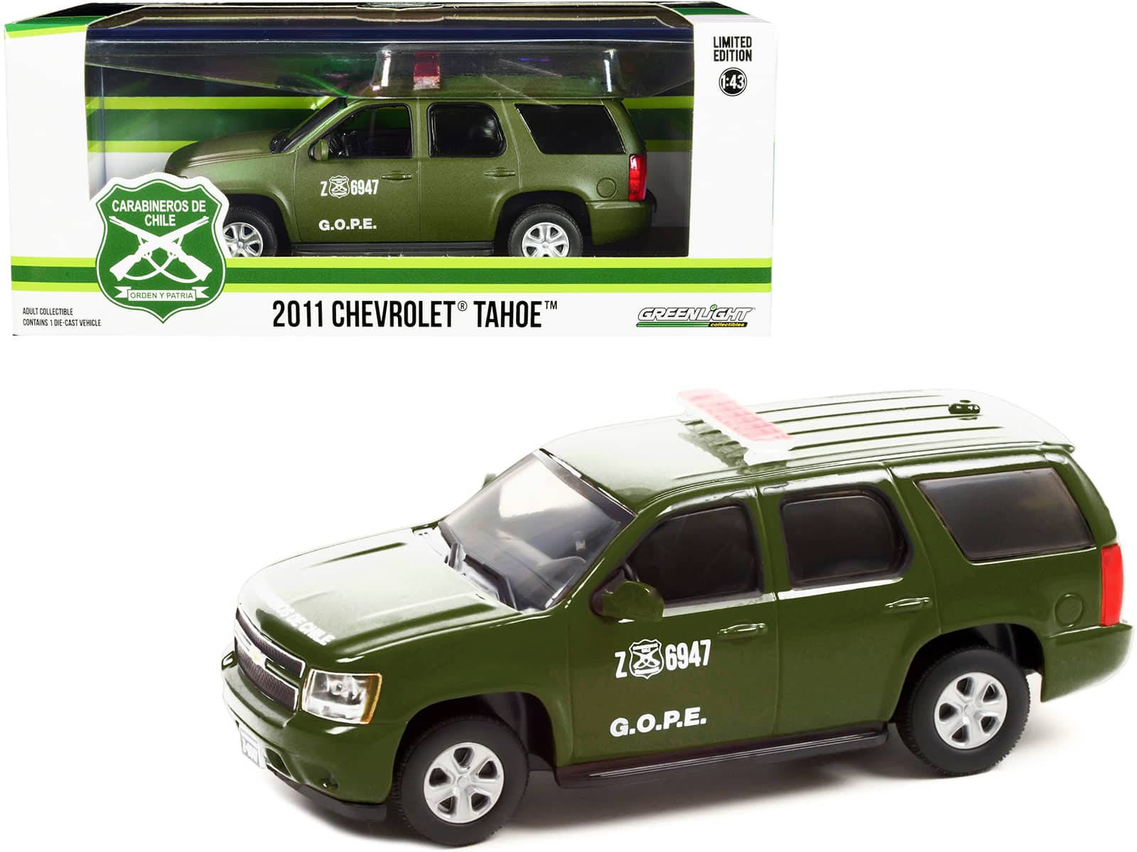 "2011 Chevrolet Tahoe Police Car Matt Green ""Carabineros de Chile"" G.O.P.E. 1/43 Diecast Model Car by Greenlight" price history on PriceWatchPro