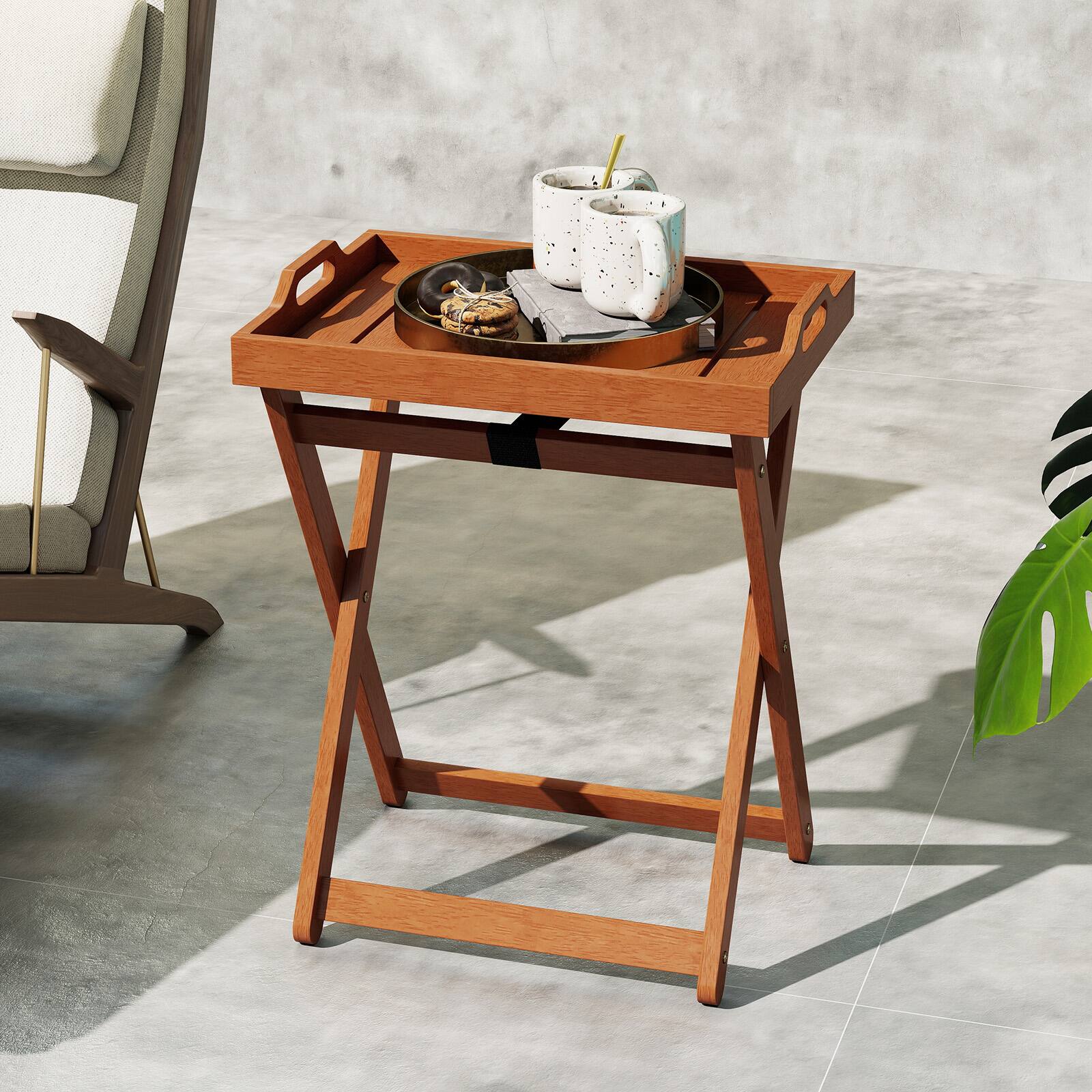 Alt View 1. Gymax - Gymax 2PCS Outdoor Wood Tray Table w/Removable Serving Tray & Folding Frame for Porch - Natural.