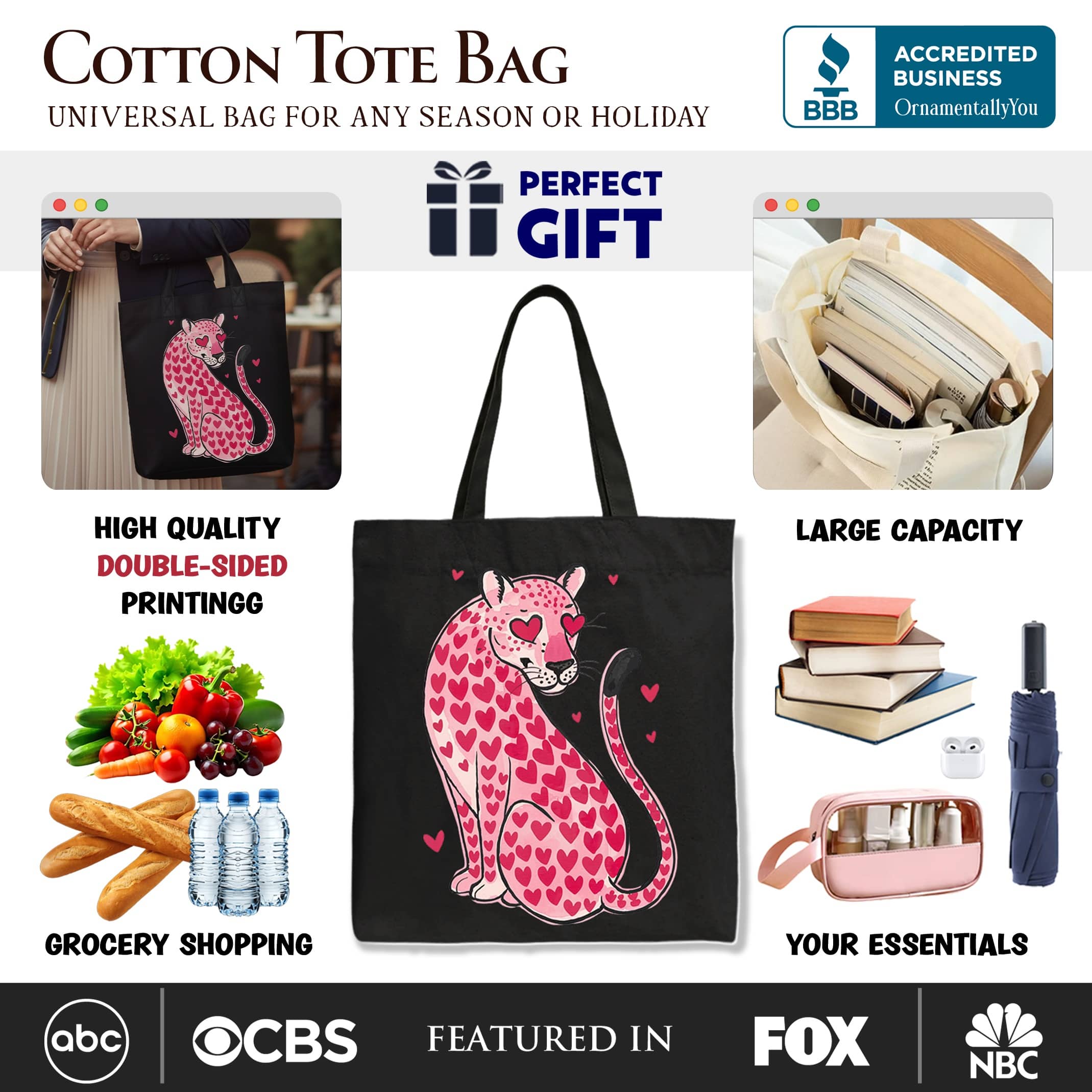 OrnamentallyYou - Pink Leopard Valentine Canvas Tote Bag, Cute Hearts Reusable Urban Bag - White Black - Thumbnail 3