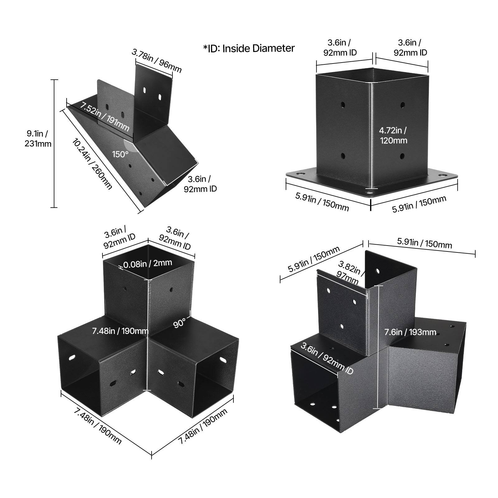 Sure, here is the corrected and grouped text from the image:

- **3.78in / 96mm**
- **3.6in / 92mm ID**
- **9.1in / 231mm**
- **7.52in / 191mm**
- **10.24in / 260mm**
- **3.6in / 92mm ID**
- **3.6in / 92mm ID**
- **0.08in / 2mm**
- **5.91in / 150mm**
- **3.82in / 97mm**
- **4.72in / 120mm**
- **7.48in / 190mm**
- **7.6in / 193mm**
- **3.6in / 92mm ID**
- **3.6in / 92mm ID**
- **3.6in / 92mm ID**
- **3.6in / 92mm ID**
- **4.72in / 120mm**
- **5