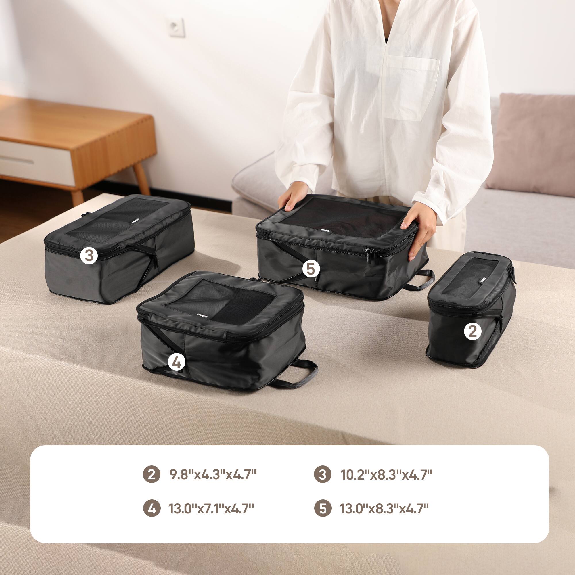 2 9.8"x4.3"x4.7"
3 10.2"x8.3"x4.7"
4 13.0"x7.1"x4.7"
5 13.0"x8.3"x4.7"